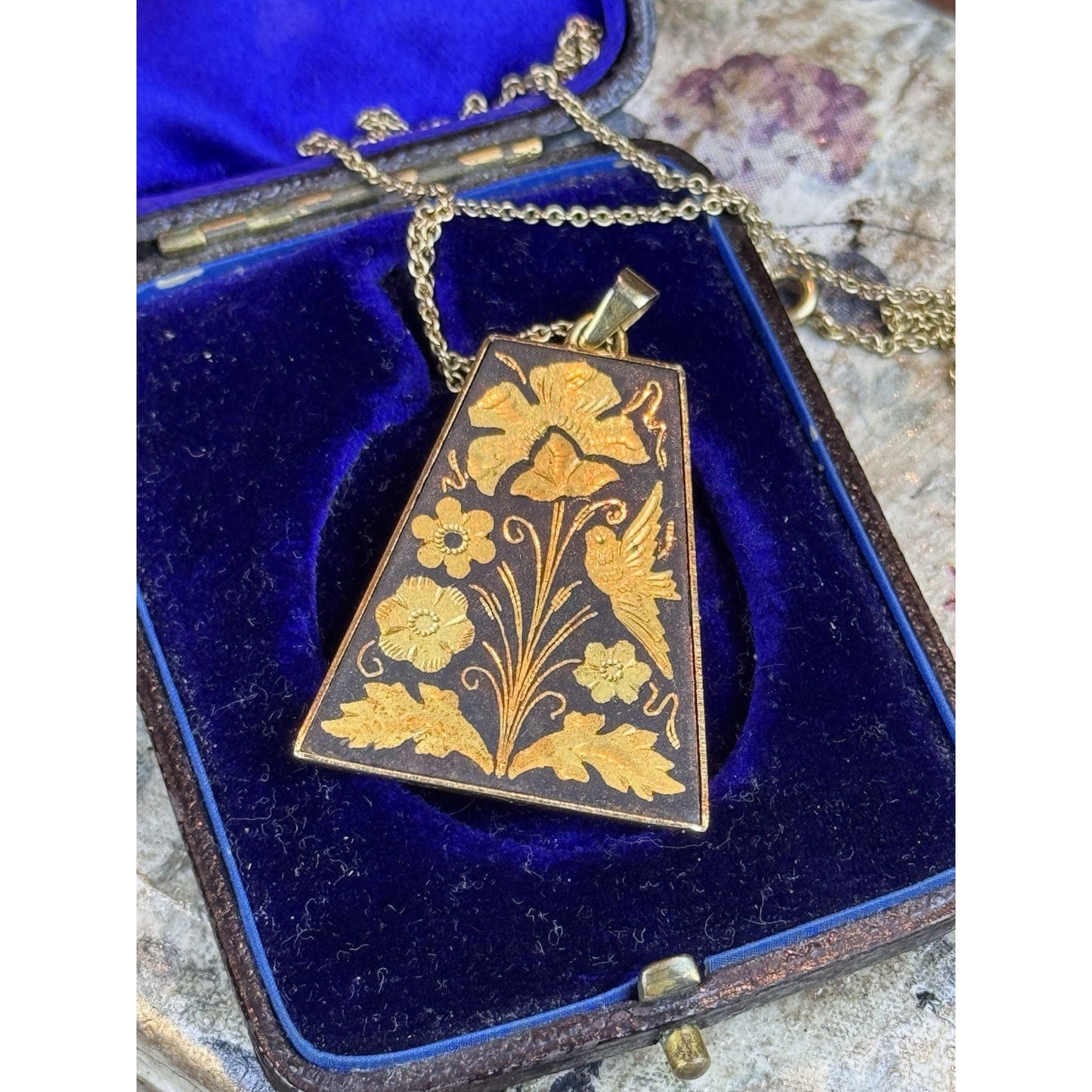 Vintage Damascene Bird Flower Pendant Necklace Gold Filled Chain 18”