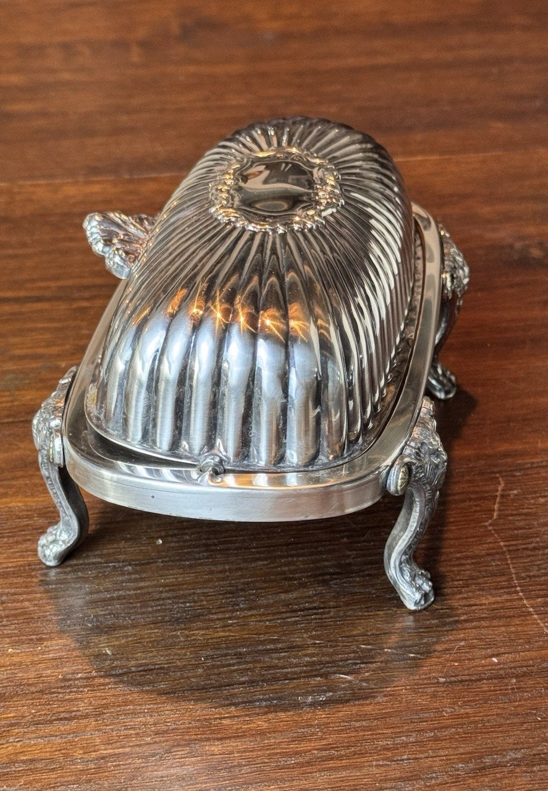 Silverplate Roll Top Butter Dish F B Rogers Silver Co Lion Feet 7.5”