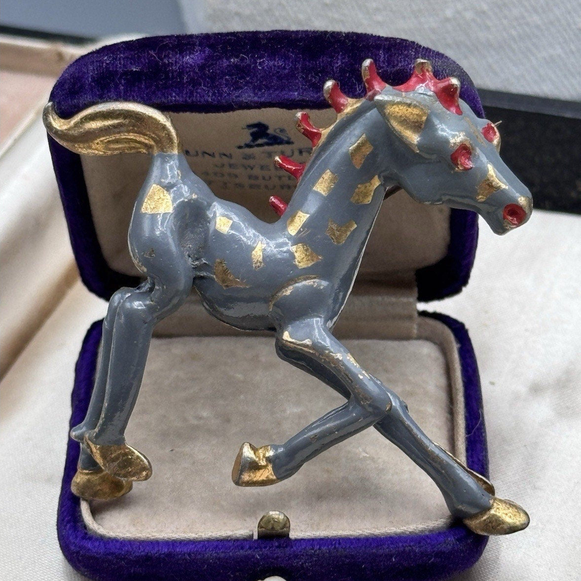 Vintage Horse Brooch Hand Painted Gray Red Gold Enameled Figural Equestrian