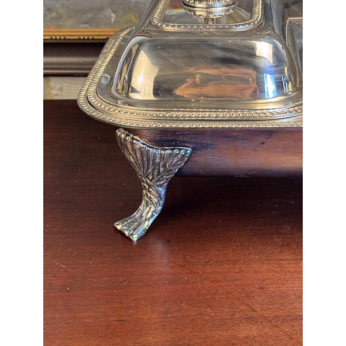 Silverplate Double Server Chafing Dish Rope Edge Footed Covered Vintage 15.25”