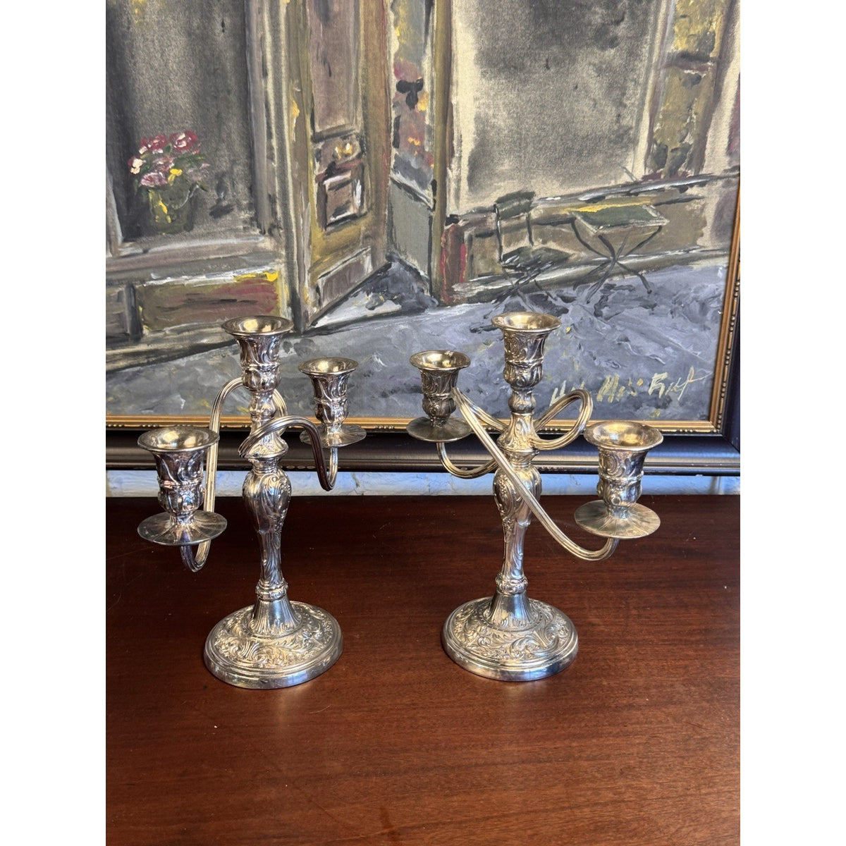 Candelabra Pair Silverplate WM Rogers 3 Light Ornate Floral Scroll Vintage 10”