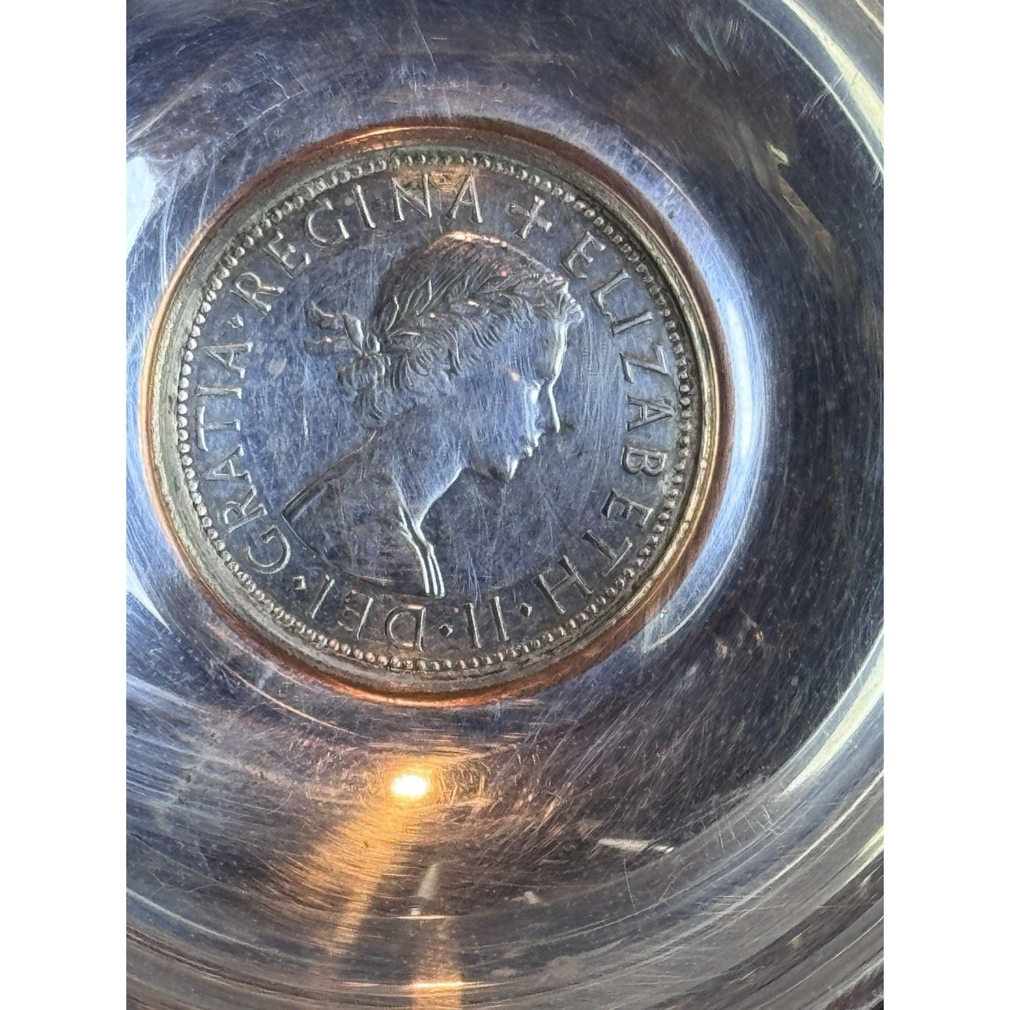 English Silverplate Wine Taster Tastevin 1957 Half Crown Coin Queen Elizabeth II