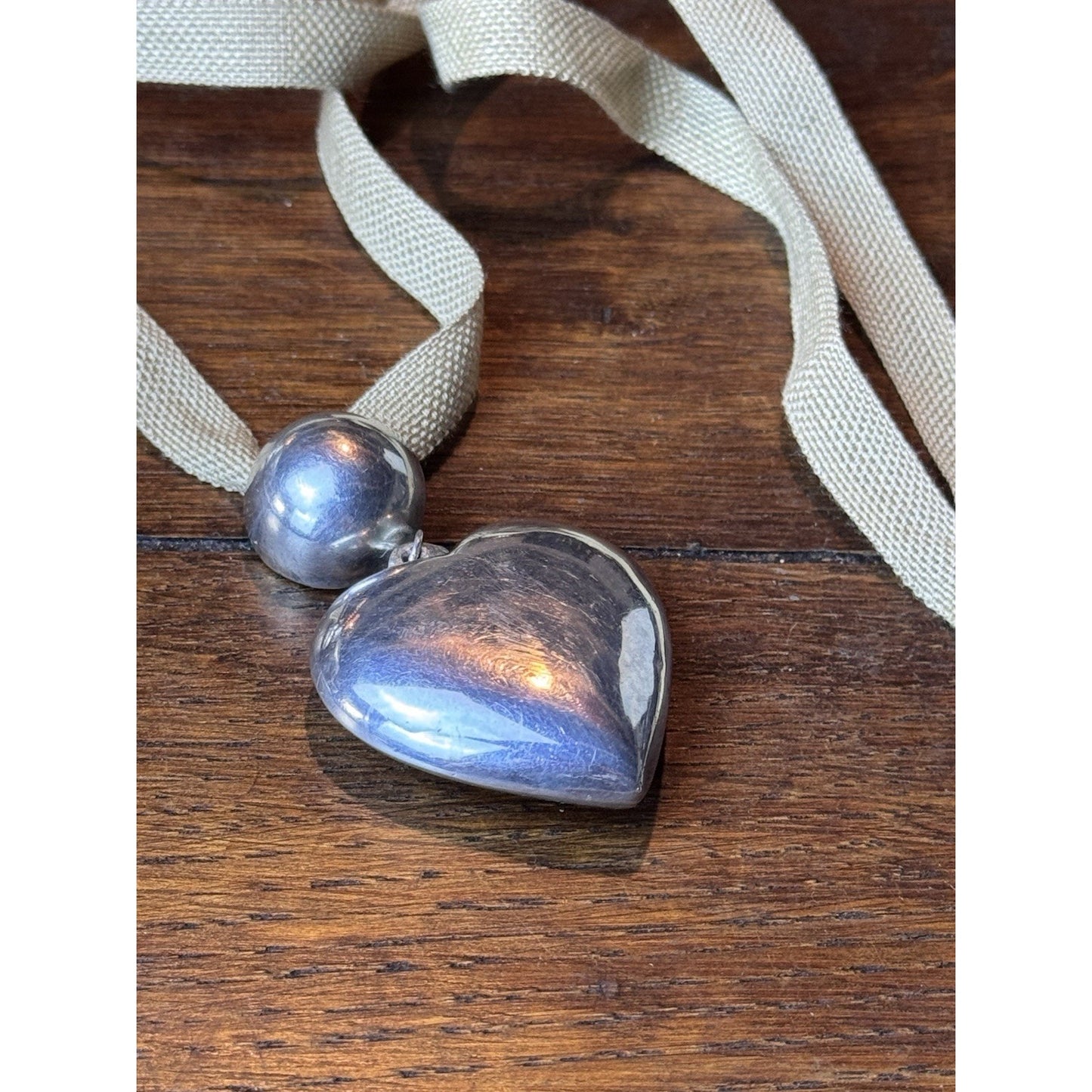 Vintage Sterling Silver 925 Puffy Heart Pendant Necklace 27” Ribbon 2.5”