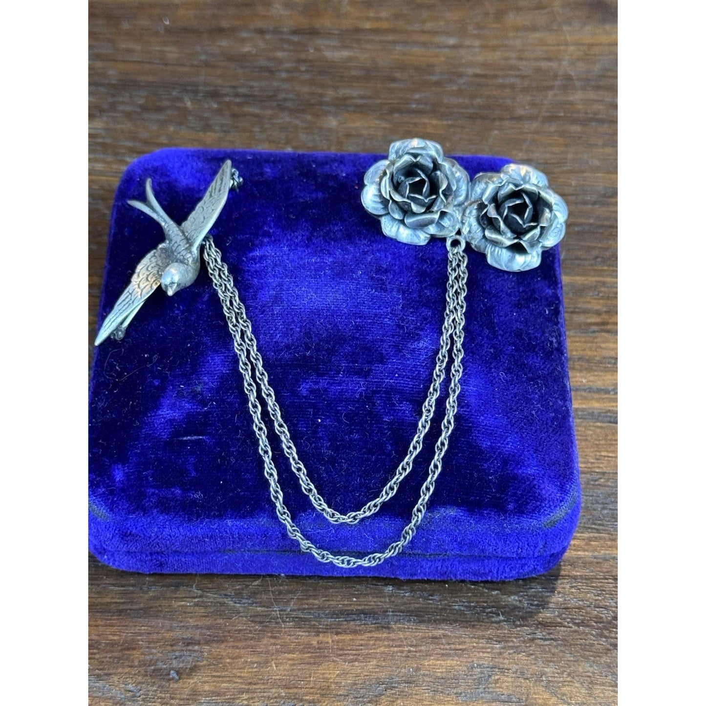Vintage Sterling Silver Chatelaine Brooch Swallow Roses Double Chain 5.25”