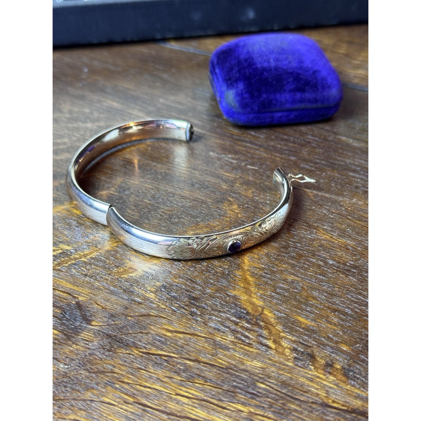 Antique EDWARDIAN Gold-Filled Bangle Bracelet Purple Stone Engraved Hinged 7.25”