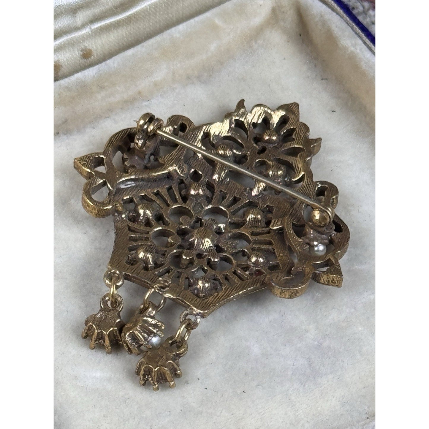 Vintage Jeweled Goldtone Brooch Faux Pearls Green Rhinestones Dangles 2.25”