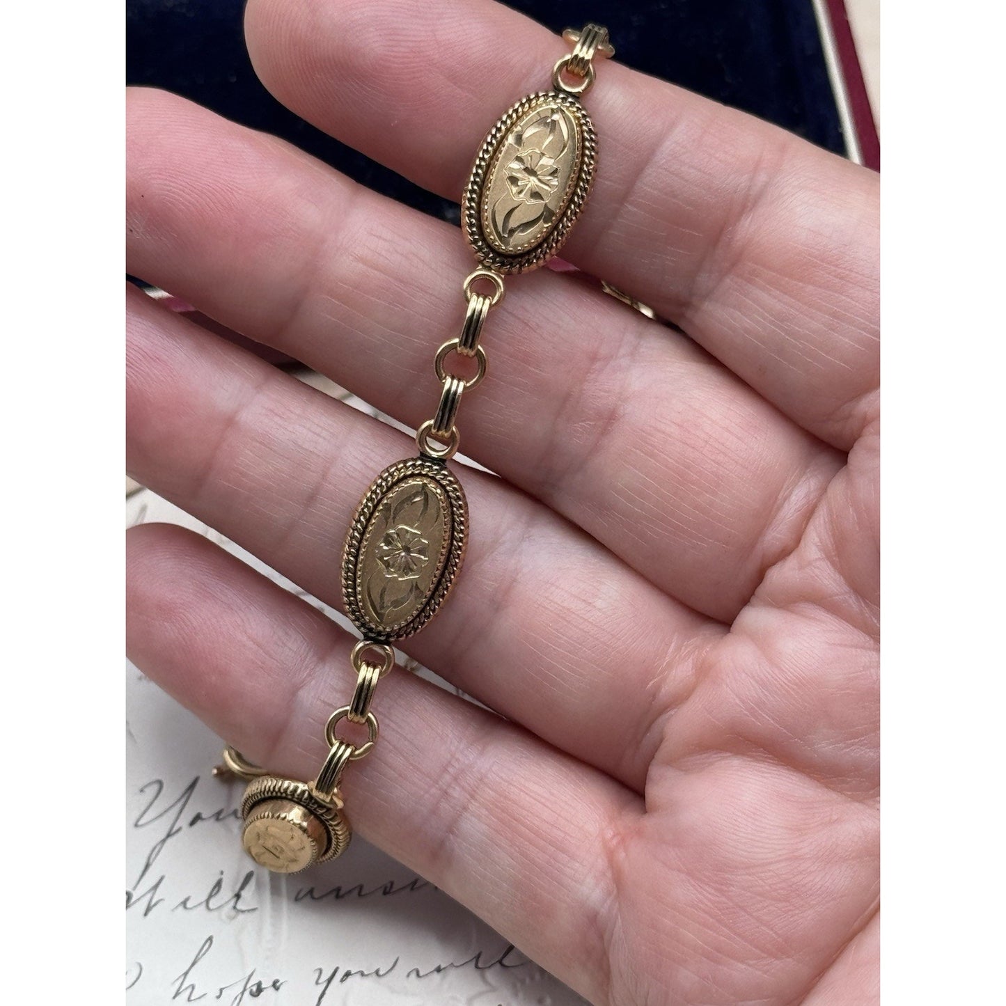 Vintage Gold Filled Floral Link Bracelet Victorian Style Safety Chain 7”