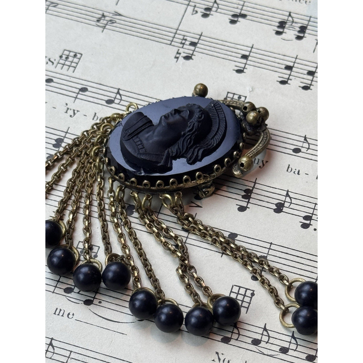 Black Cameo Brooch B Blumenthal & Co Goldtone Dangle Fringe 3.75” DAMAGED!