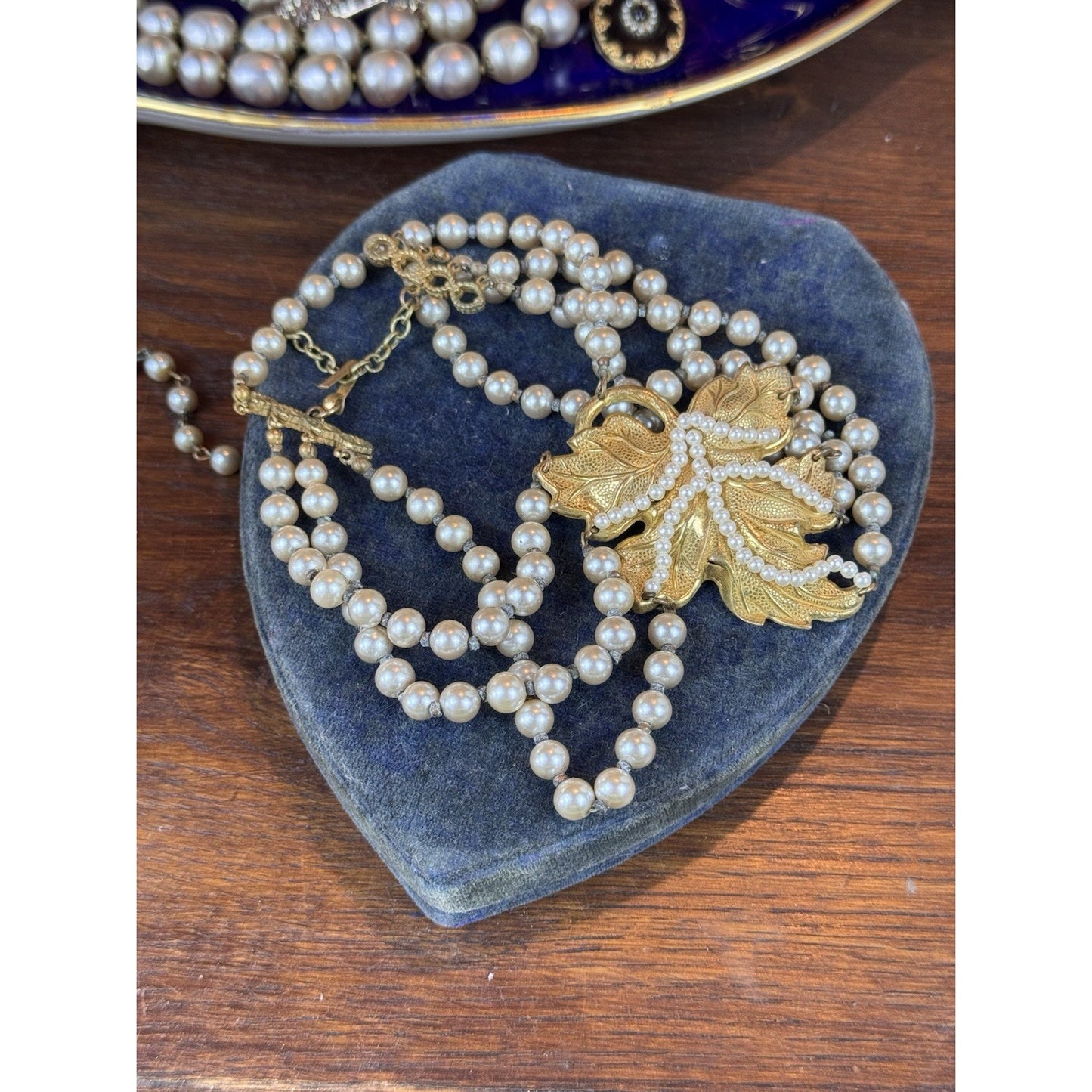 Miriam Haskell Choker Necklace 4 Strand Faux Pearl Goldtone Leaf 18” READ‼️