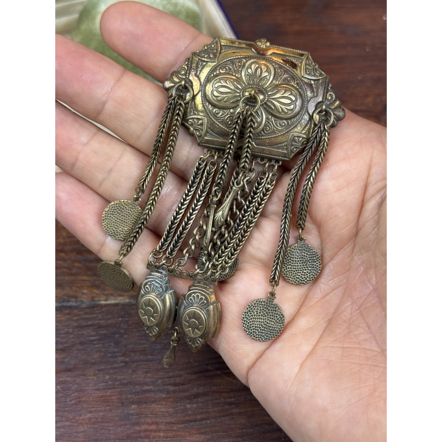 Vintage Chatelaine Brooch Brass Tone Ornate Victorian Revival Dangle Tassel