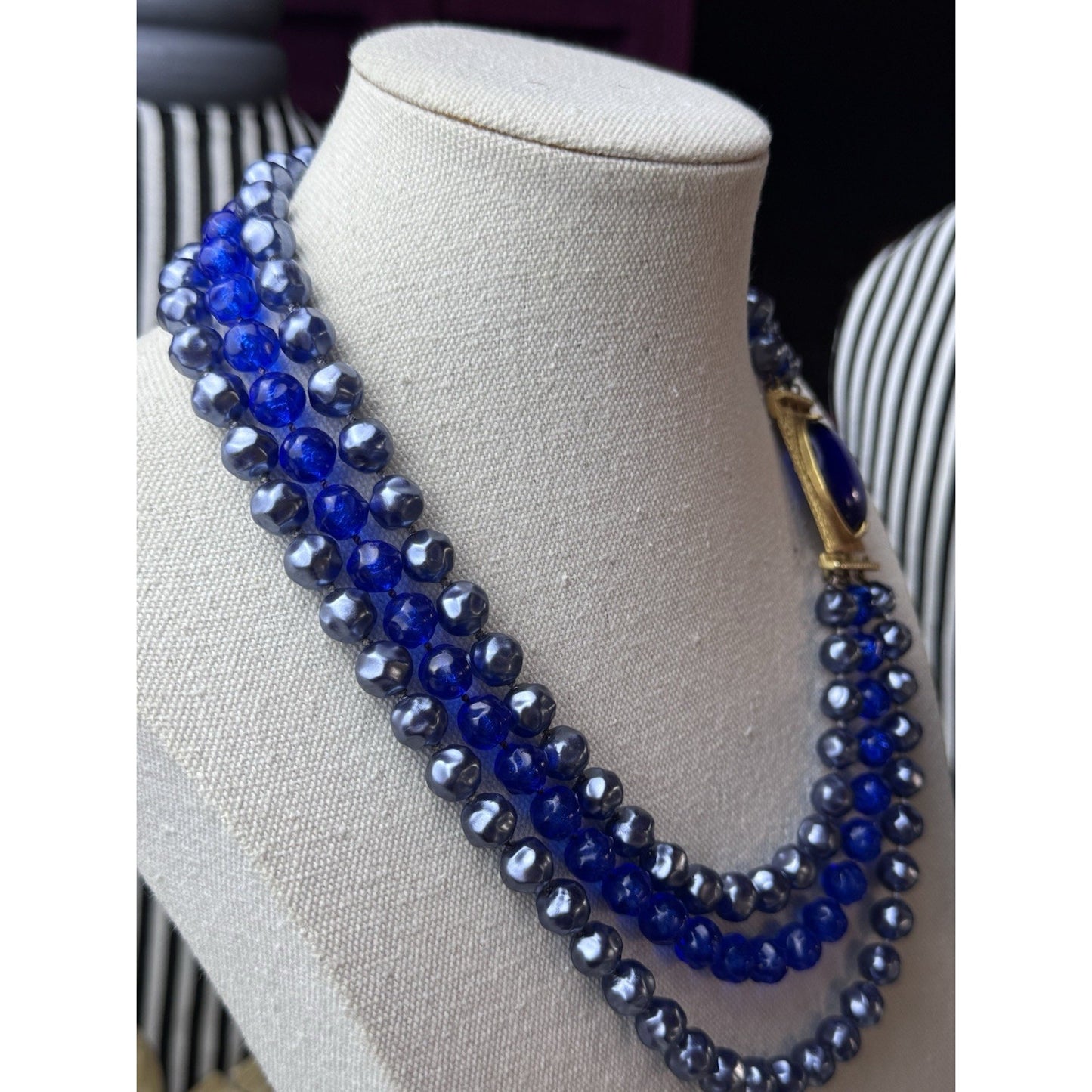 Vintage Blue Lucite Beaded Necklace Goldtone 3 Strand Statement 20”