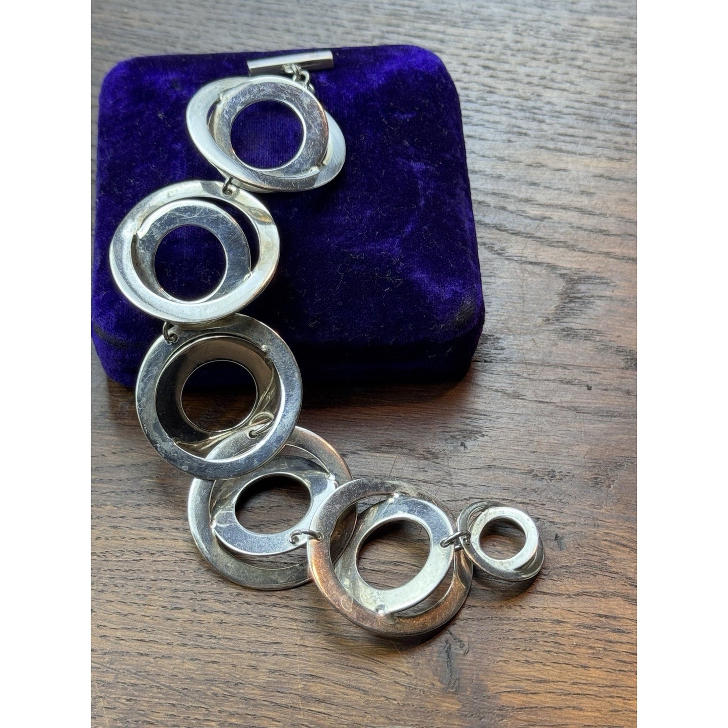 Sterling Silver Modernist Bracelet 6.25” Sculptural Circle Links Toggle 61.2g