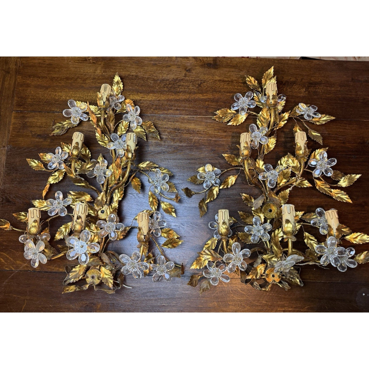 Maison Bagues Style Gilt Tole Wall Sconces Pair 6 Light Crystal Flowers Bow 27”