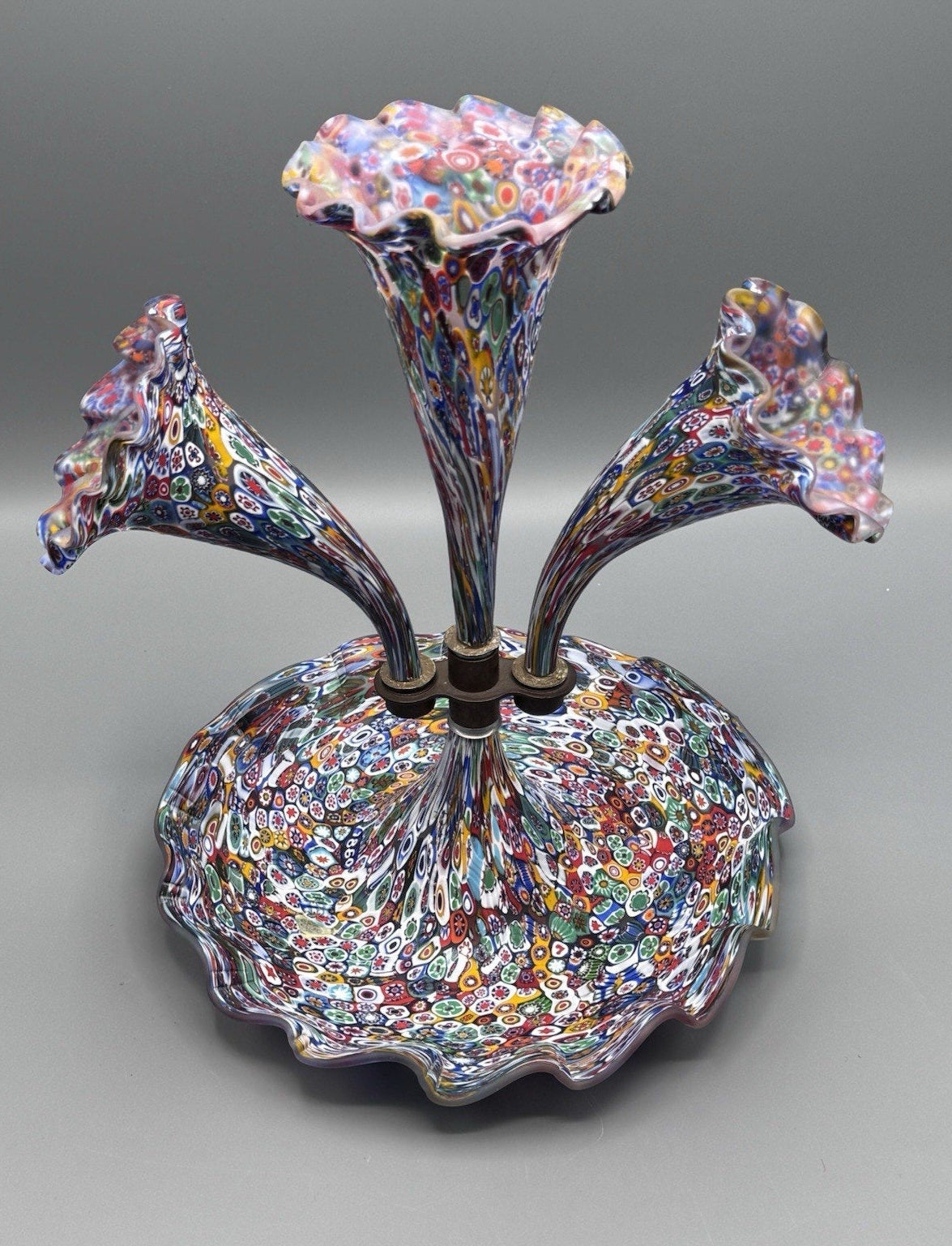 Murano Millefiori Epergne Art Glass 3 Horn Centerpiece Vase 1860 Cane 11.5”