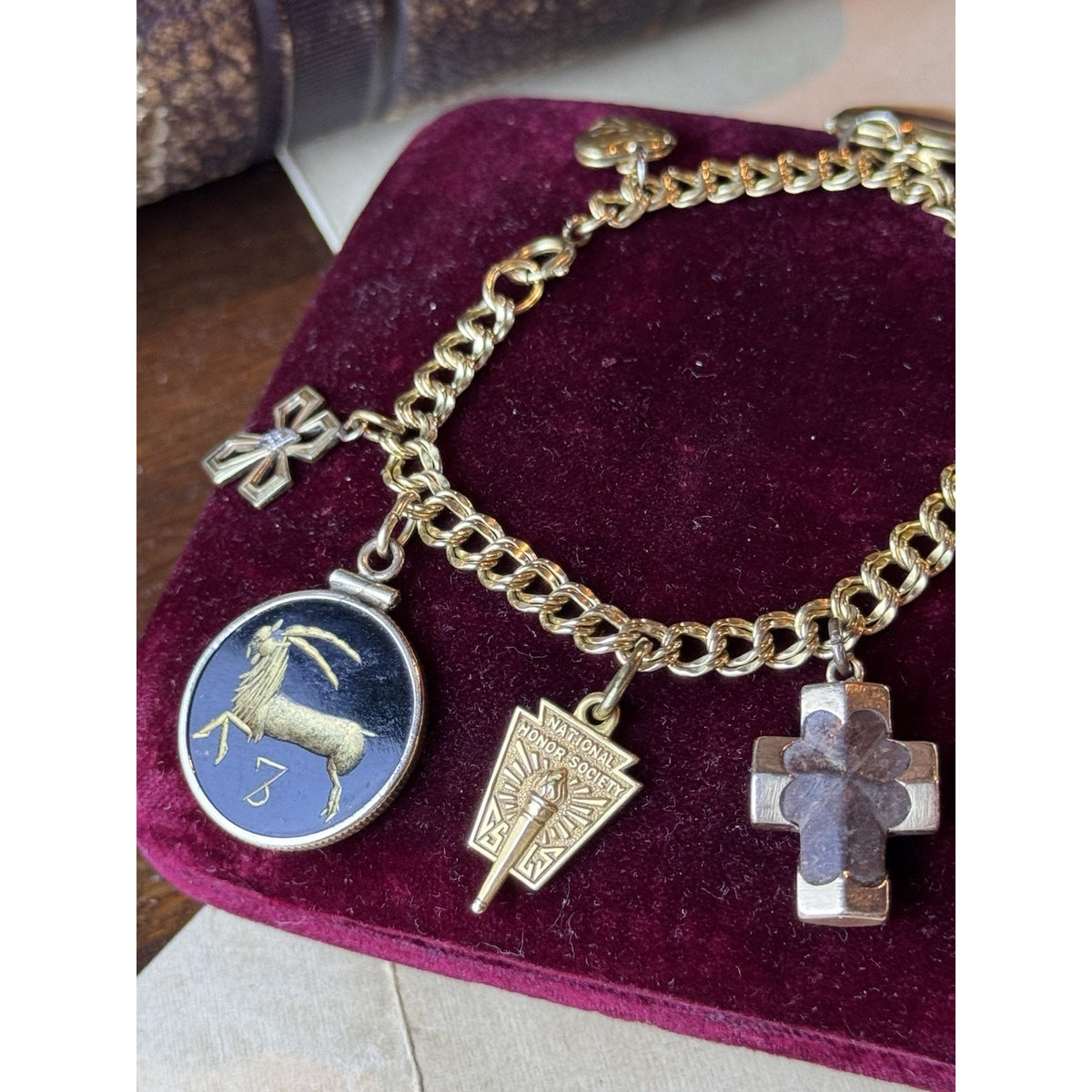 Gold-Filled Charm Bracelet 9 Charms Lockets Cross Marine Fordham 6.5”