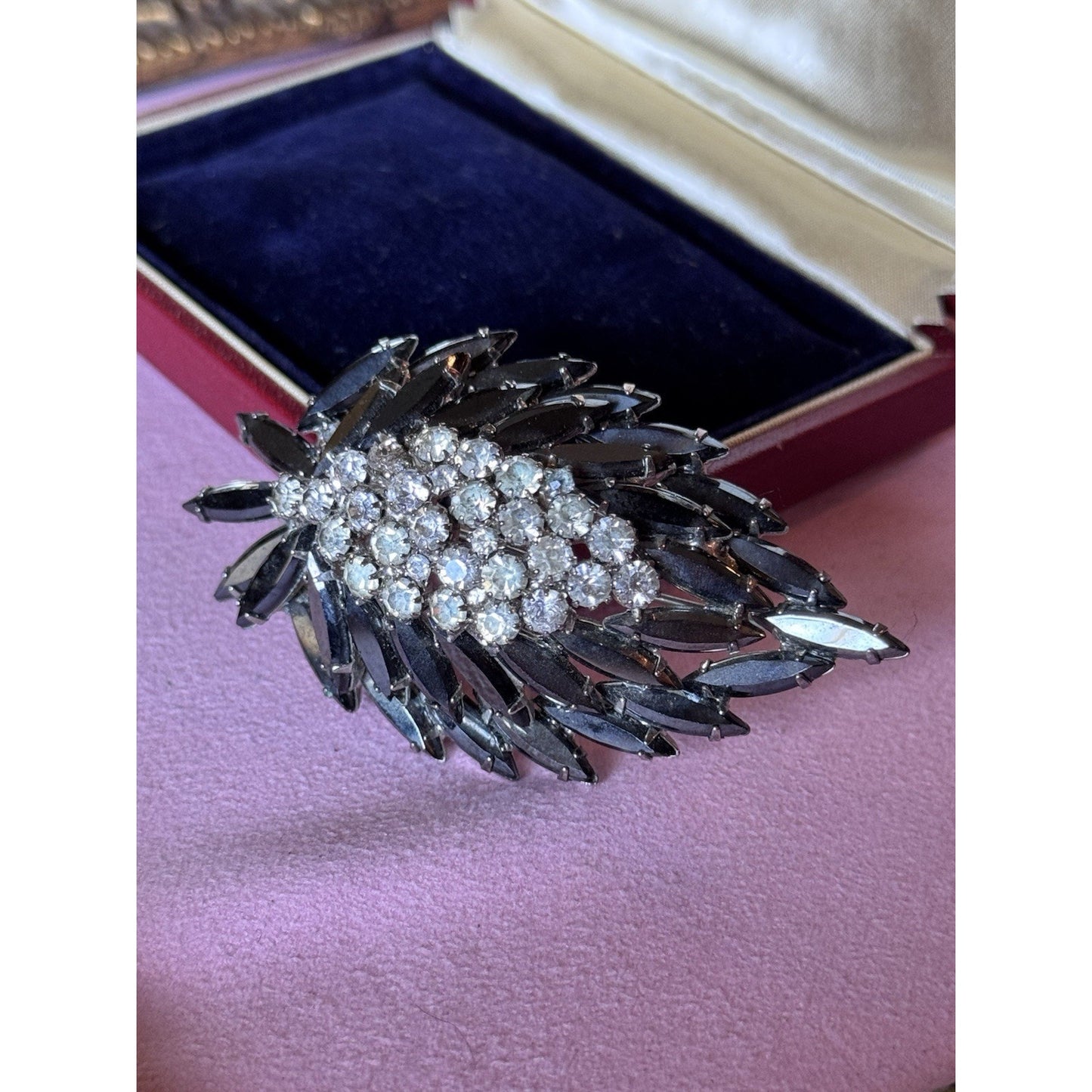 Vintage Black Rhinestone Brooch Clear Crystal Floral Spray Pin 3” Statement
