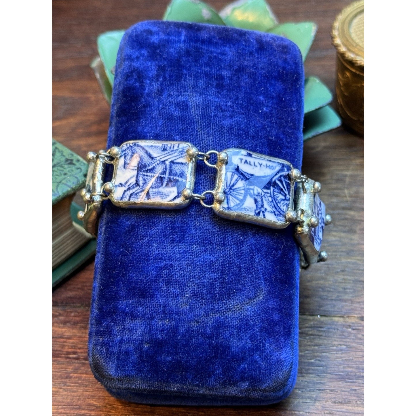 Handmade Porcelain Bracelet Blue White Tally Ho Horse Scene 6.5” Vintage 1990s