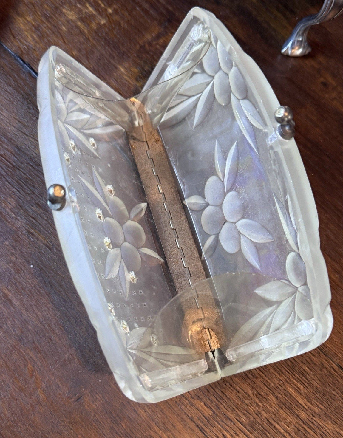 Vintage Lucite Rhinestone Clutch Purse Frosted Floral Clear Evening Handbag