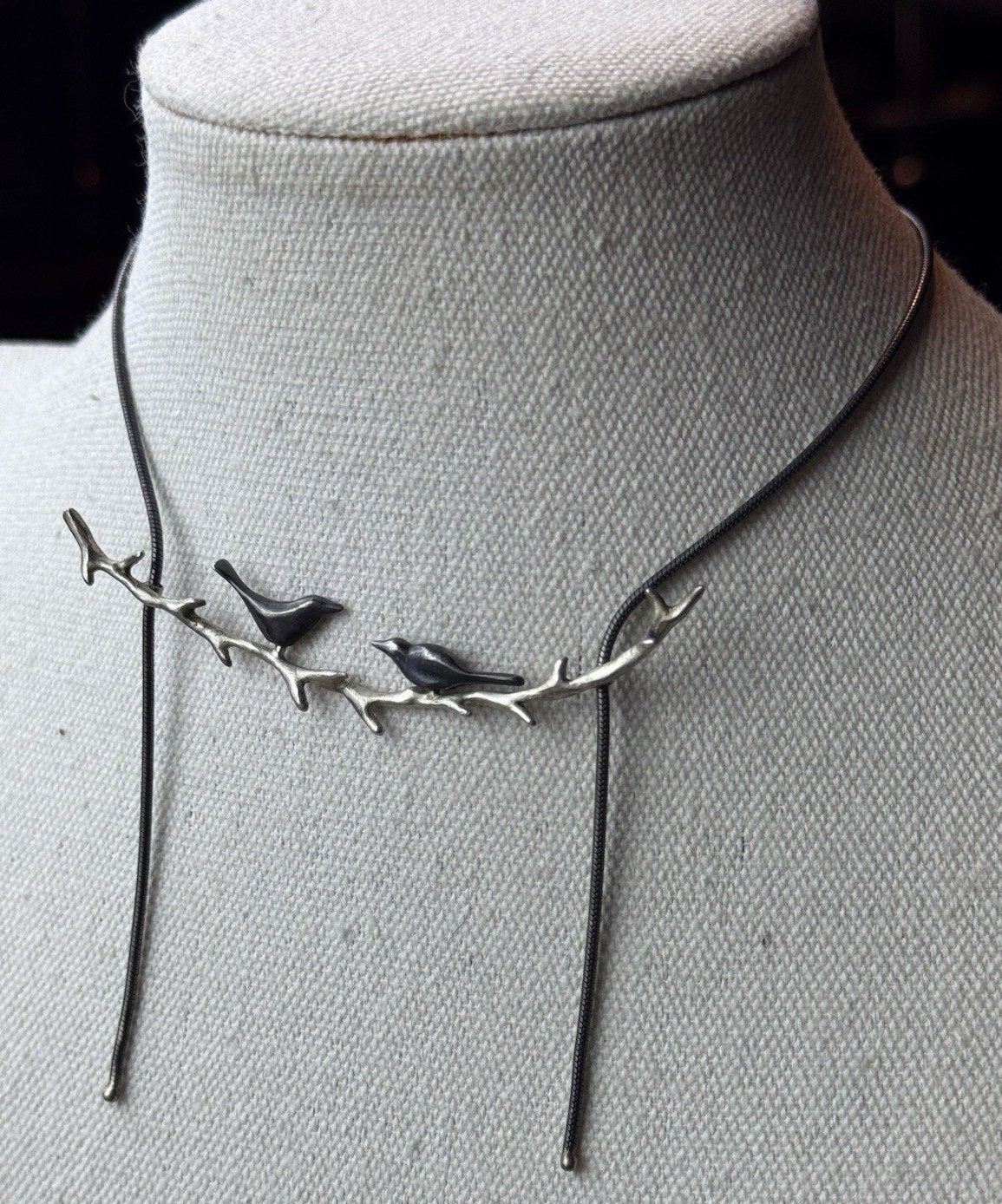 Sterling Bird Necklace 17” Modernist Birds on Branch Pendant 3.25” 925