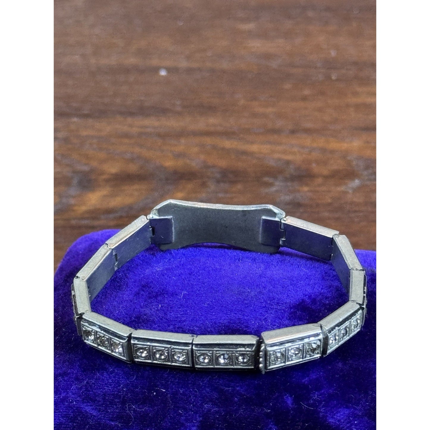 NOV-E-Line Bracelet 6” 1920s Art Deco Silvertone Rhinestone Blue Glass