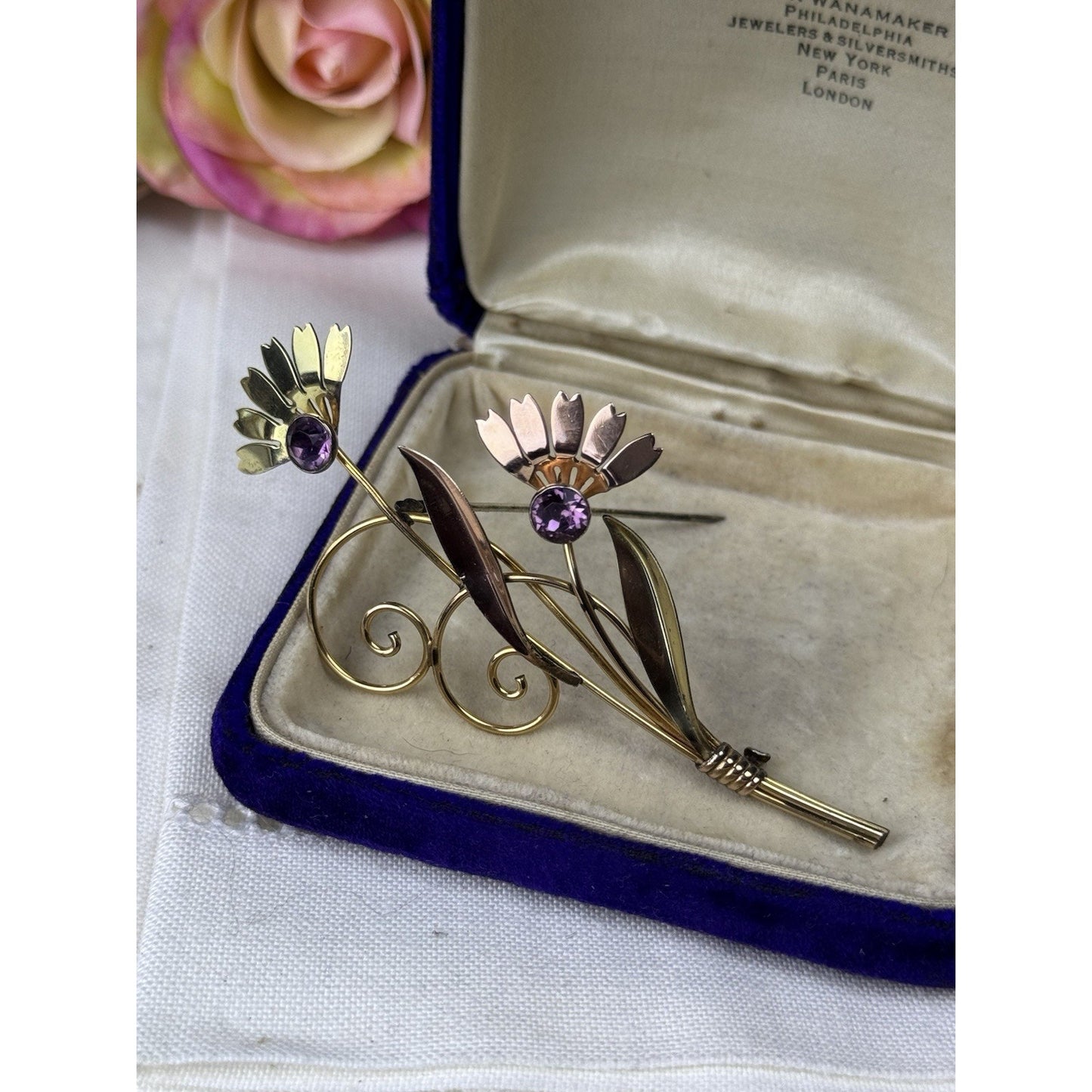 Van Dell Sterling Gold-Filled Floral Brooch Purple Rhinestones 3” Vintage