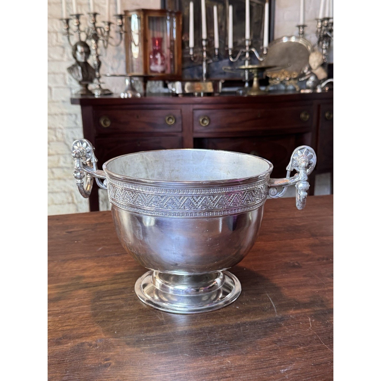 Antique Silver-plate Wine Cooler Champagne Bucket Neoclassical Footed Urn Planter Handles 13.25”