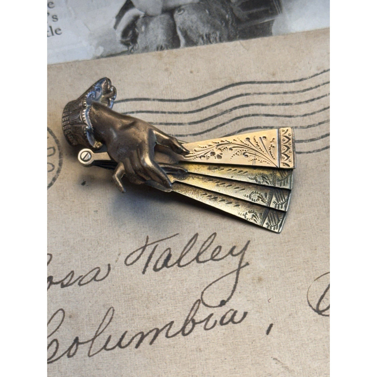 Victorian Hand Brooch Holding Engraved Fan Goldtone Figural 2”