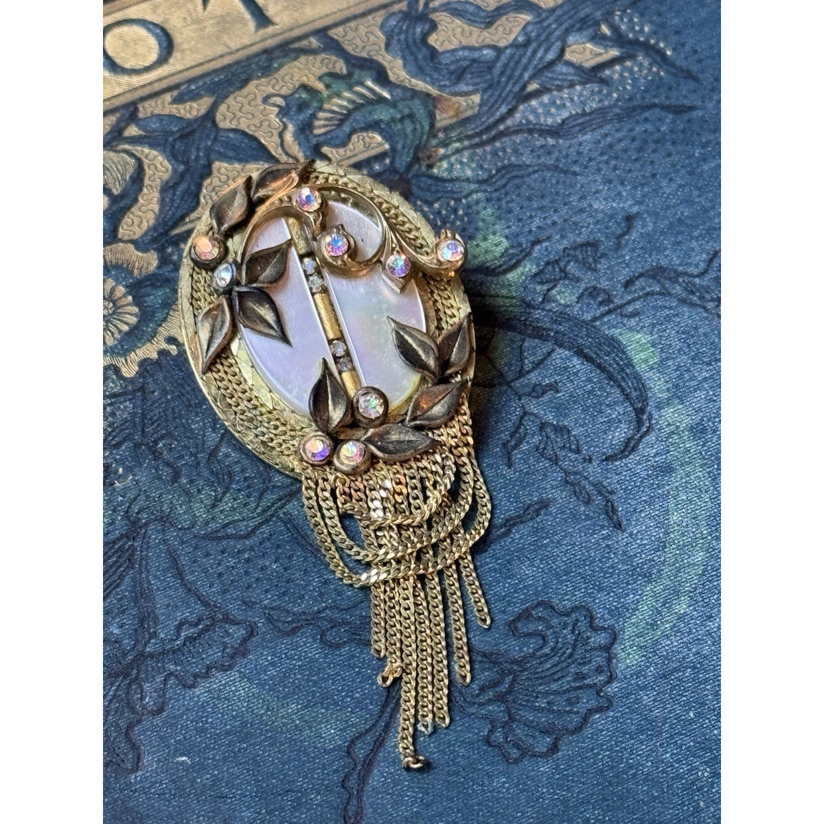 MARENA Brooch Pendant Goldtone Tassel Rhinestone Handmade Germany Vintage 2.75”