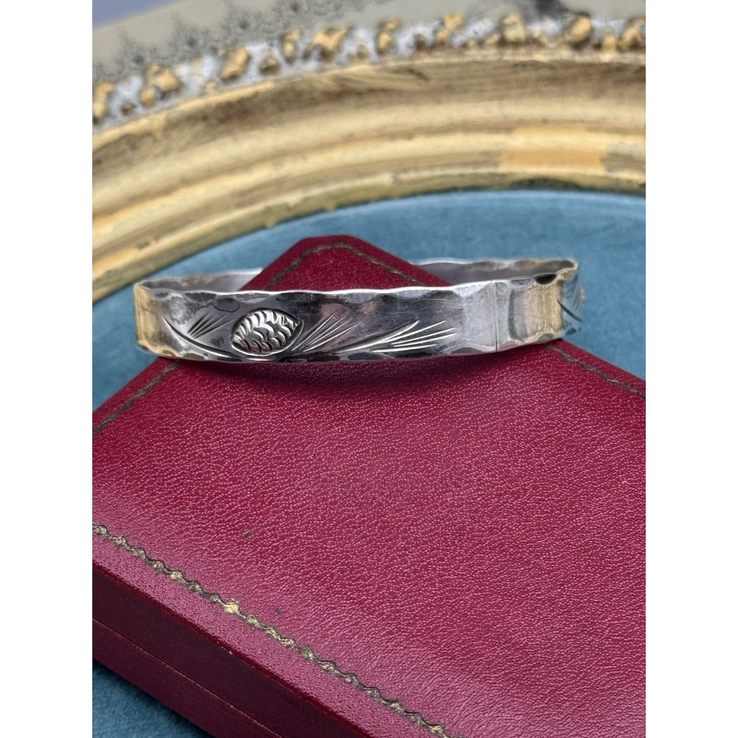 NYE Sterling Bangle Bracelet Pinecone Engraved 7.75” VINTAGE