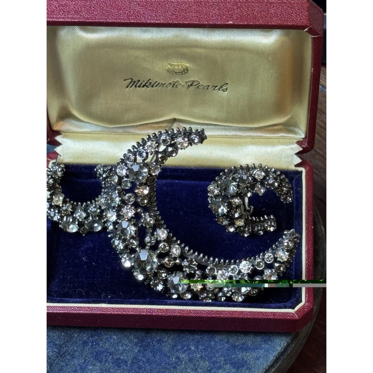 Vintage Rhinestone Crescent Moon Brooch Earrings Set Gray Clear Clip-On 3 Pc