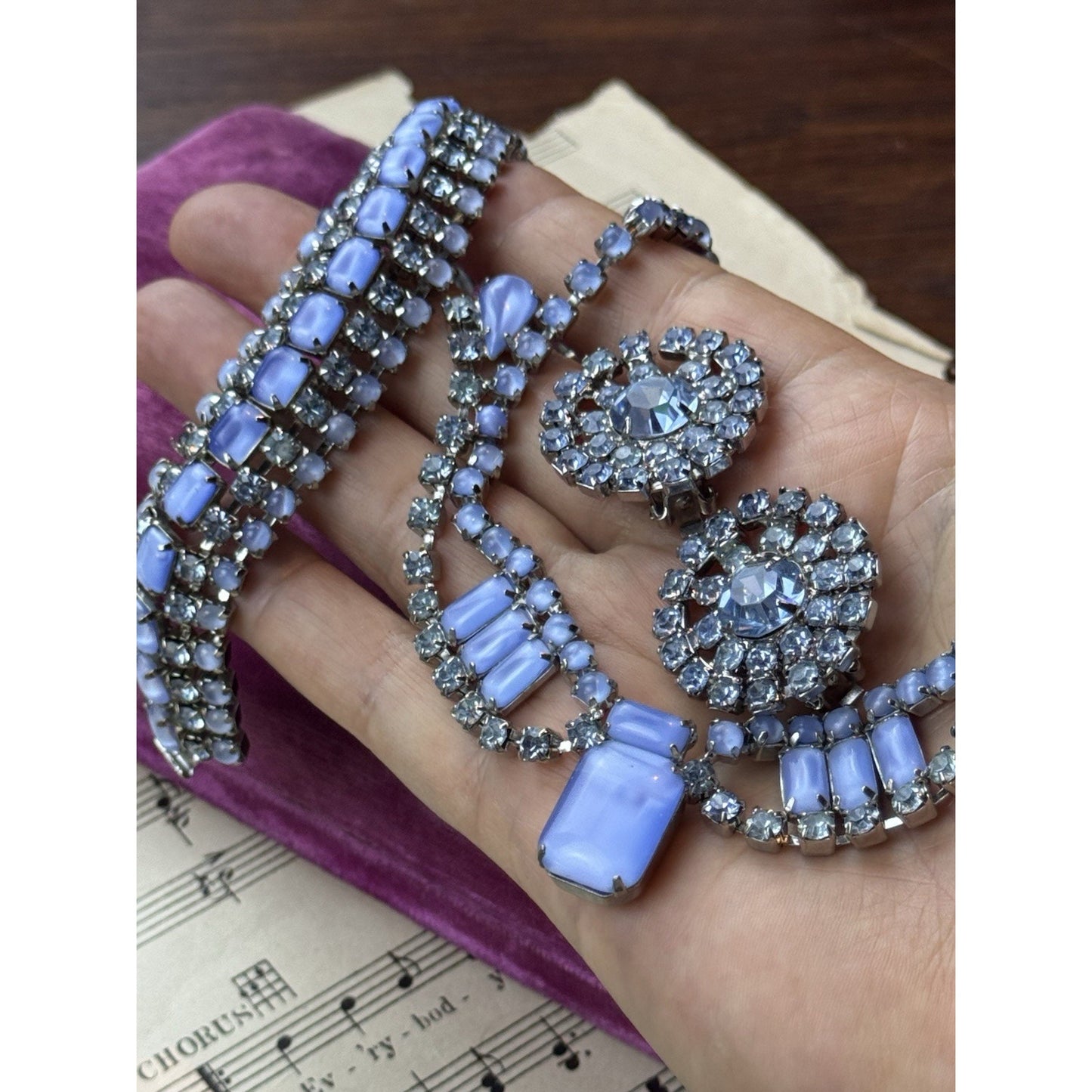 Joseph WARNER Jewelry Set Blue Rhinestone Lucite Necklace Bracelet Earrings