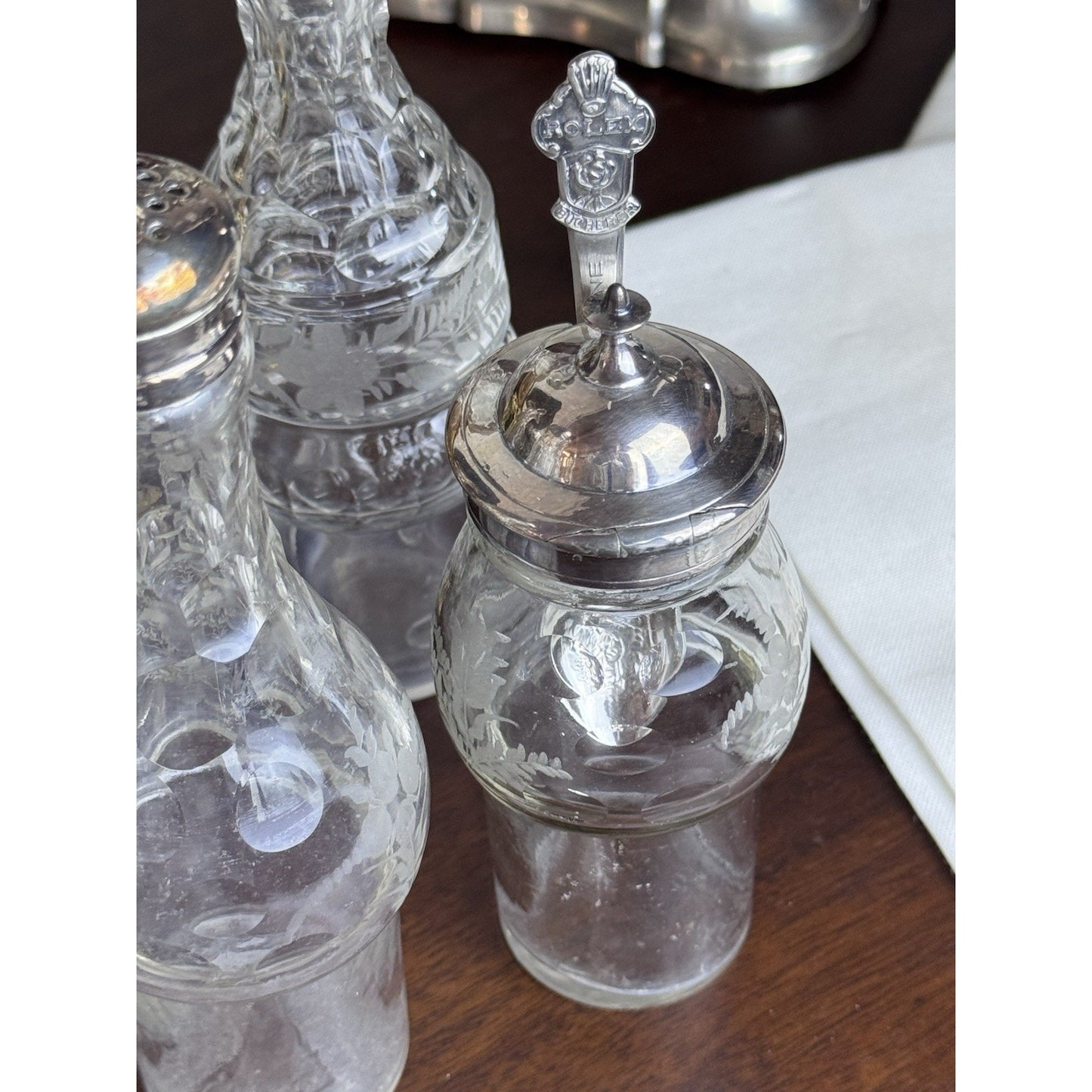 Antique Rogers Smith Silverplate Cruet Set Etched Glass 6 Bottles 13.5” Tall