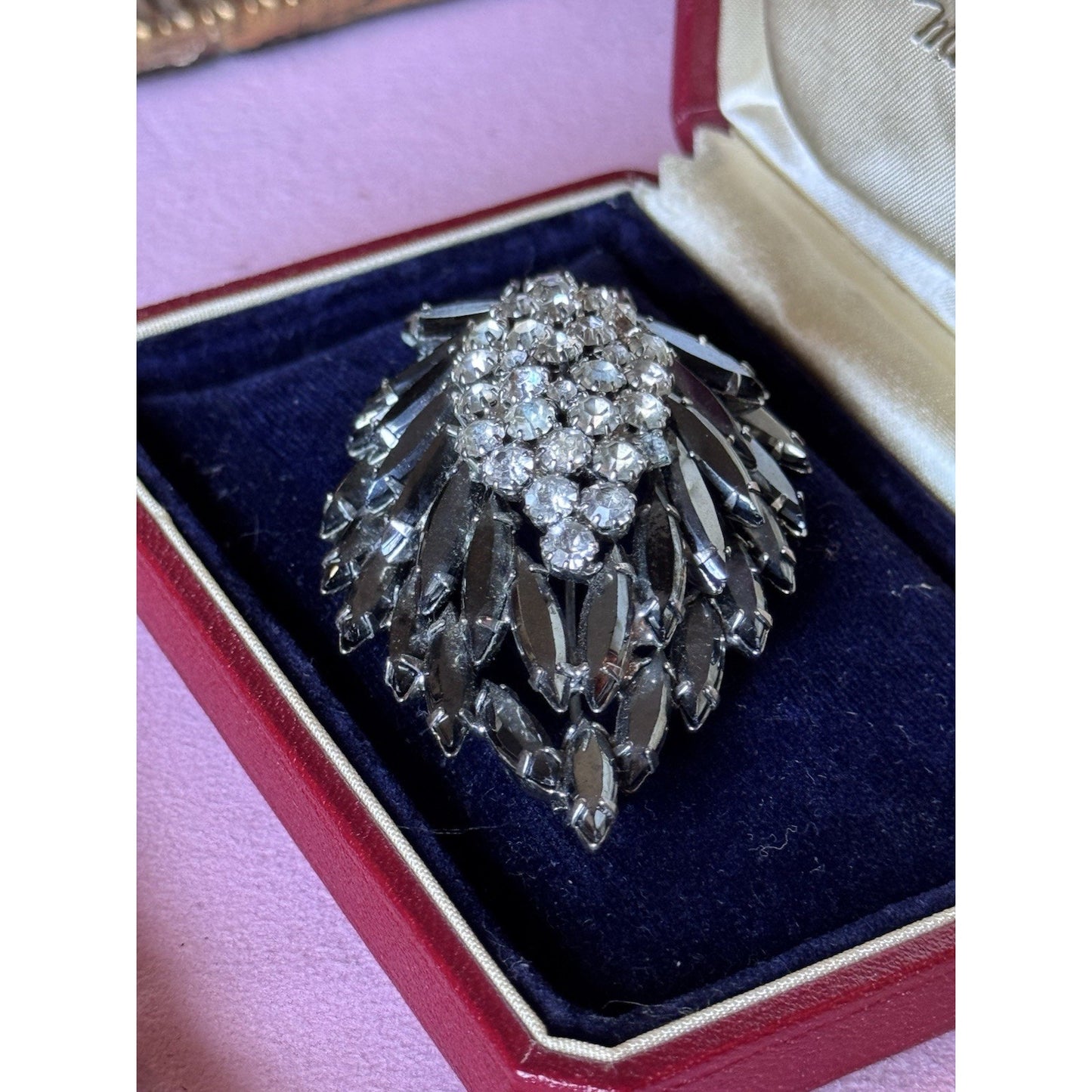 Vintage Black Rhinestone Brooch Clear Crystal Floral Spray Pin 3” Statement