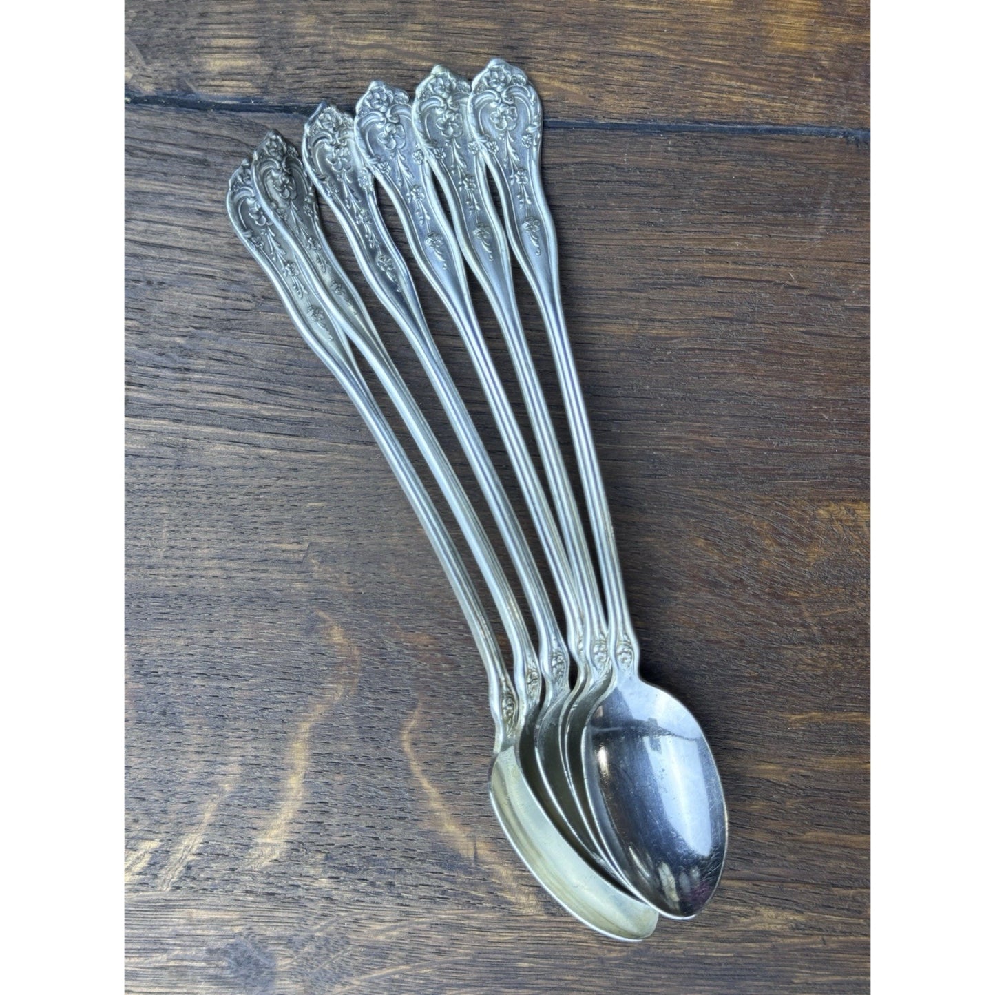Vintage Extra Coin Silver Plate Iced Tea Spoons Set 6 Floral 7.5”