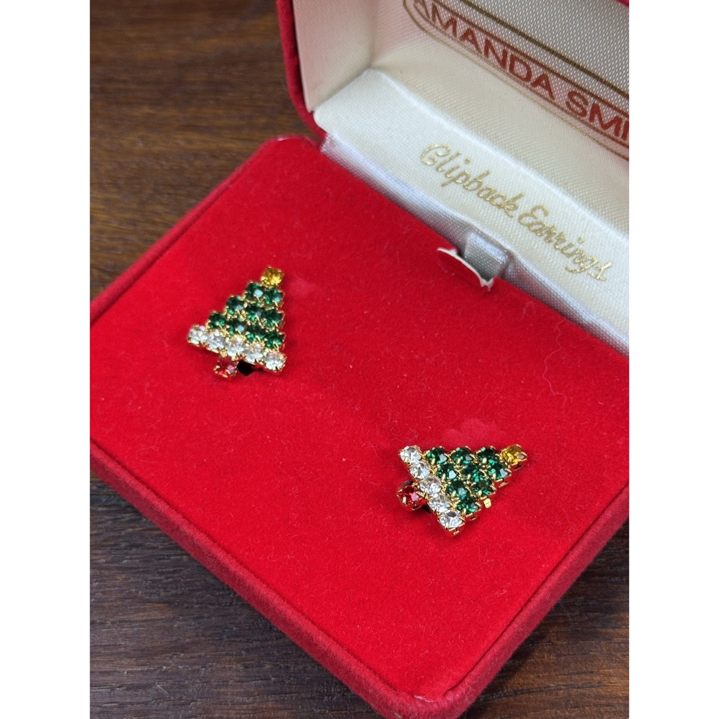 Christmas Tree Earrings .75” Clip On Goldtone Rhinestone Holiday Jewelry