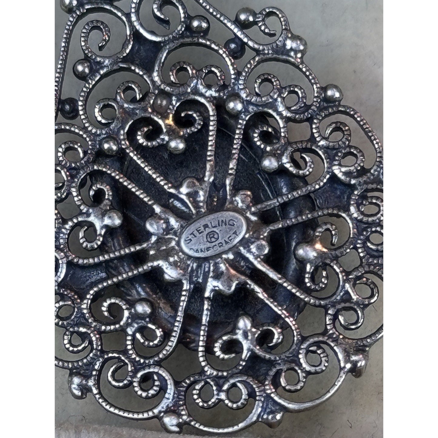 VTG Danecraft Sterling Silver Hematite Ornate Filigree Necklace w/ Original Tag