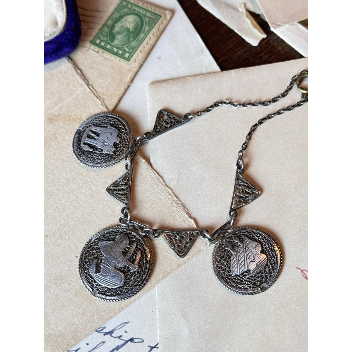 Egyptian Revival Necklace Pharaoh Pyramids Elephant Silvertone Filigree 18”