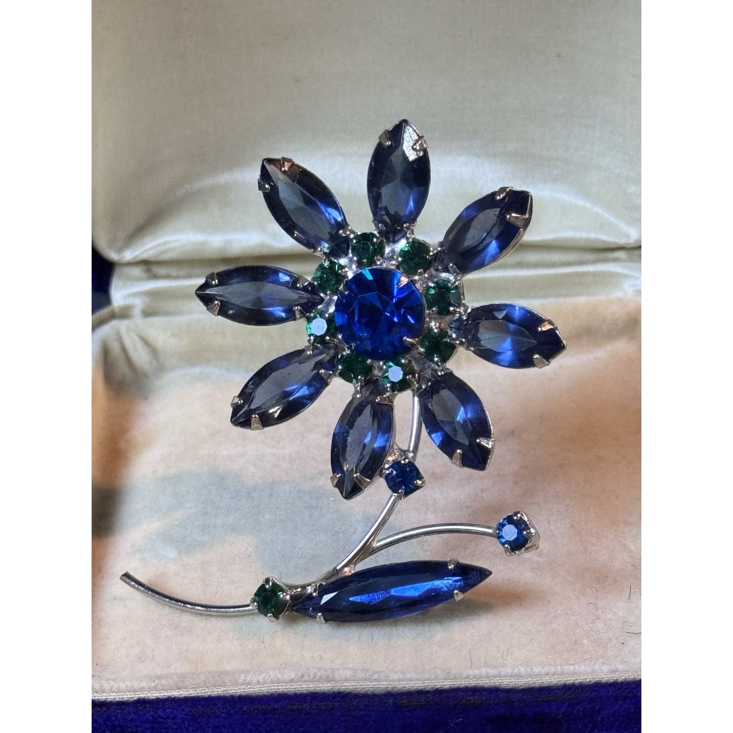 Vintage Blue & Green Rhinestone Flower Brooch Silver Tone Floral Pin 2.5”