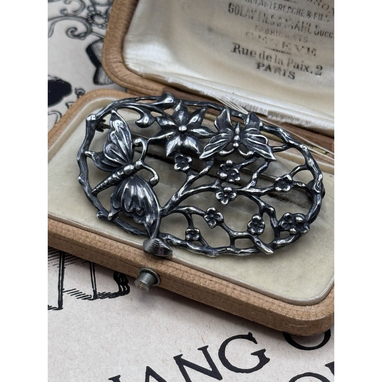 CFO Danecraft Brooch Sterling Butterfly Floral Openwork Signed 2.25”