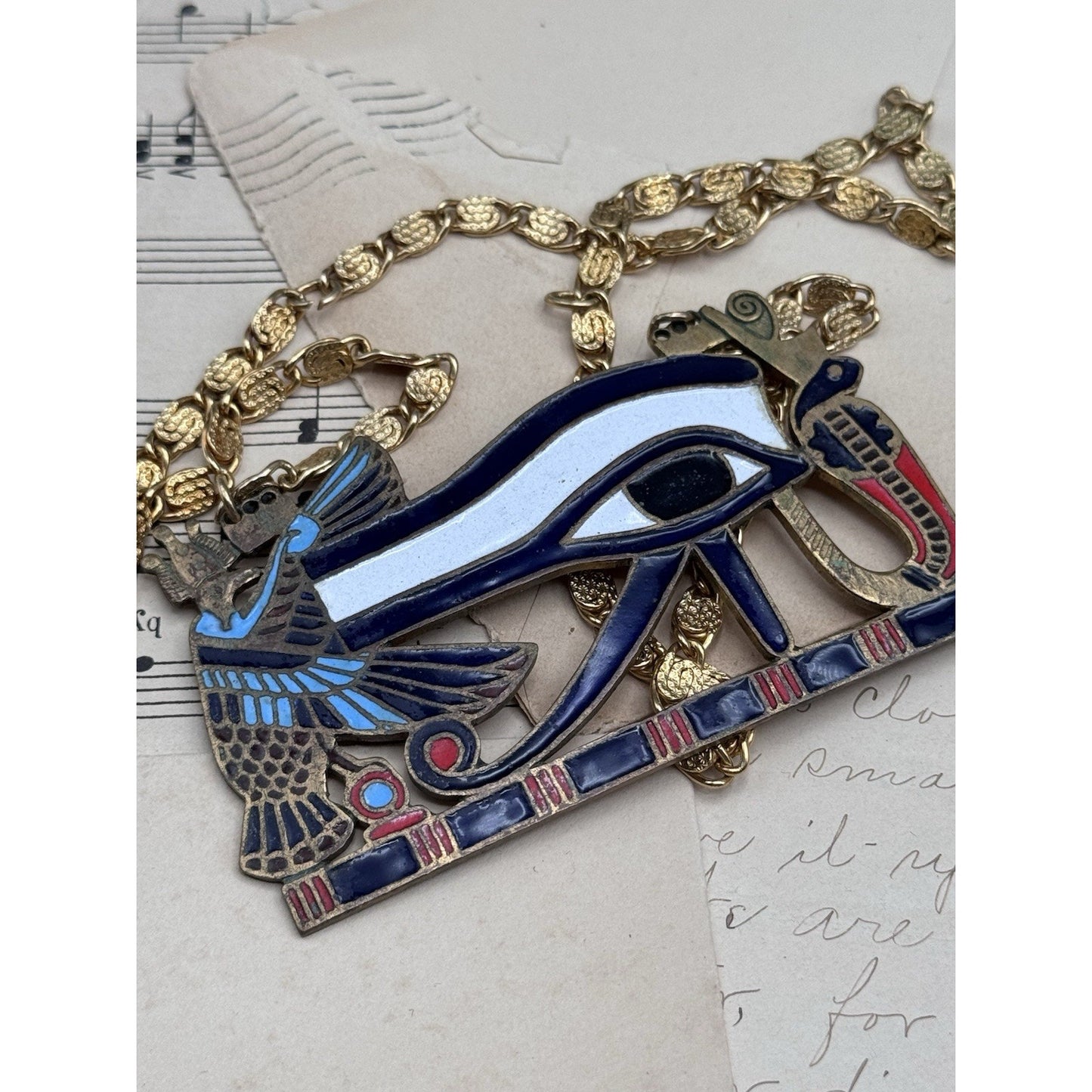 Vintage Egyptian Revival Eye of Horus Enamel Brass Statement Necklace 24”