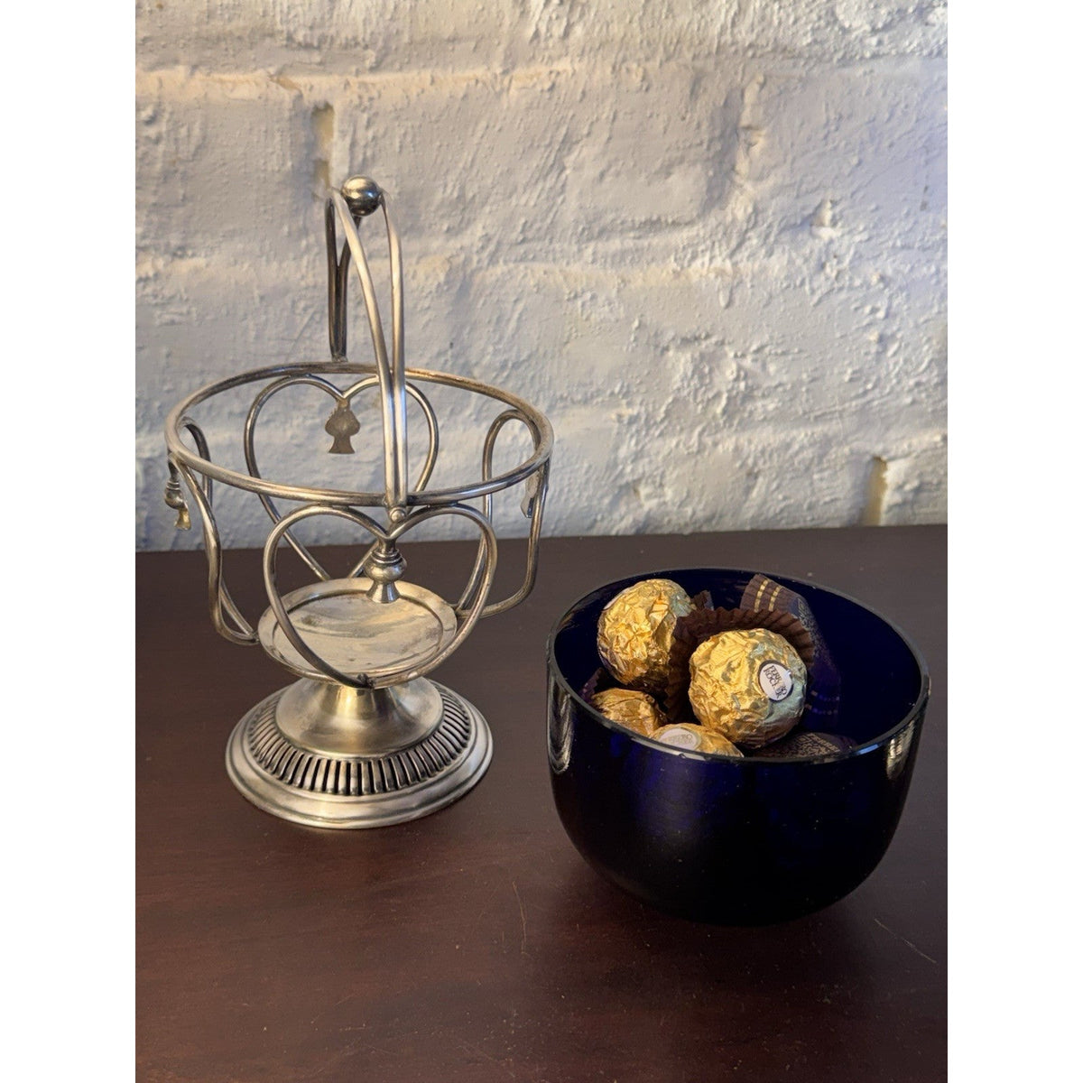 Vintage Bonbon Basket Cobalt Blue Glass Silverplate Heart Shapes Pedestal 7.5”