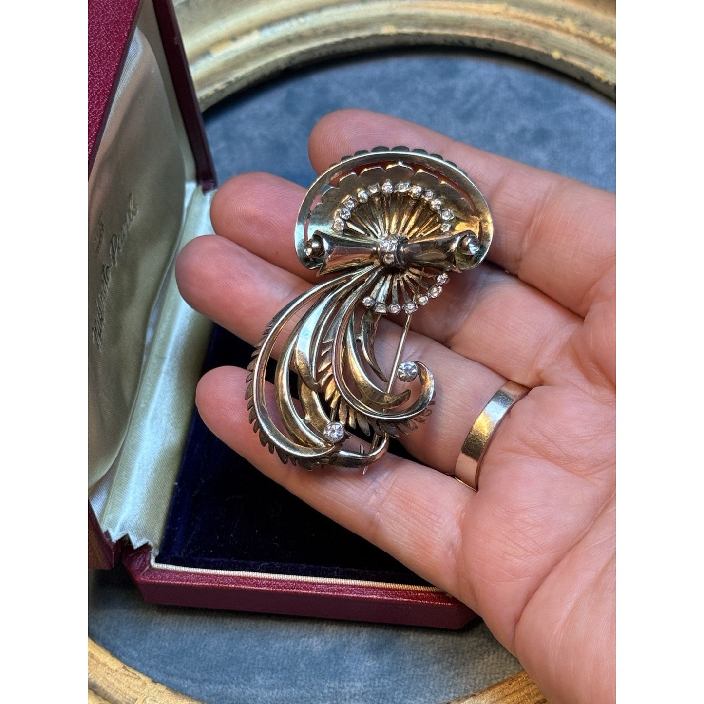 R De Rosa Sterling Vermeil Fur Clip Rhinestone Floral Scroll Design Vintage