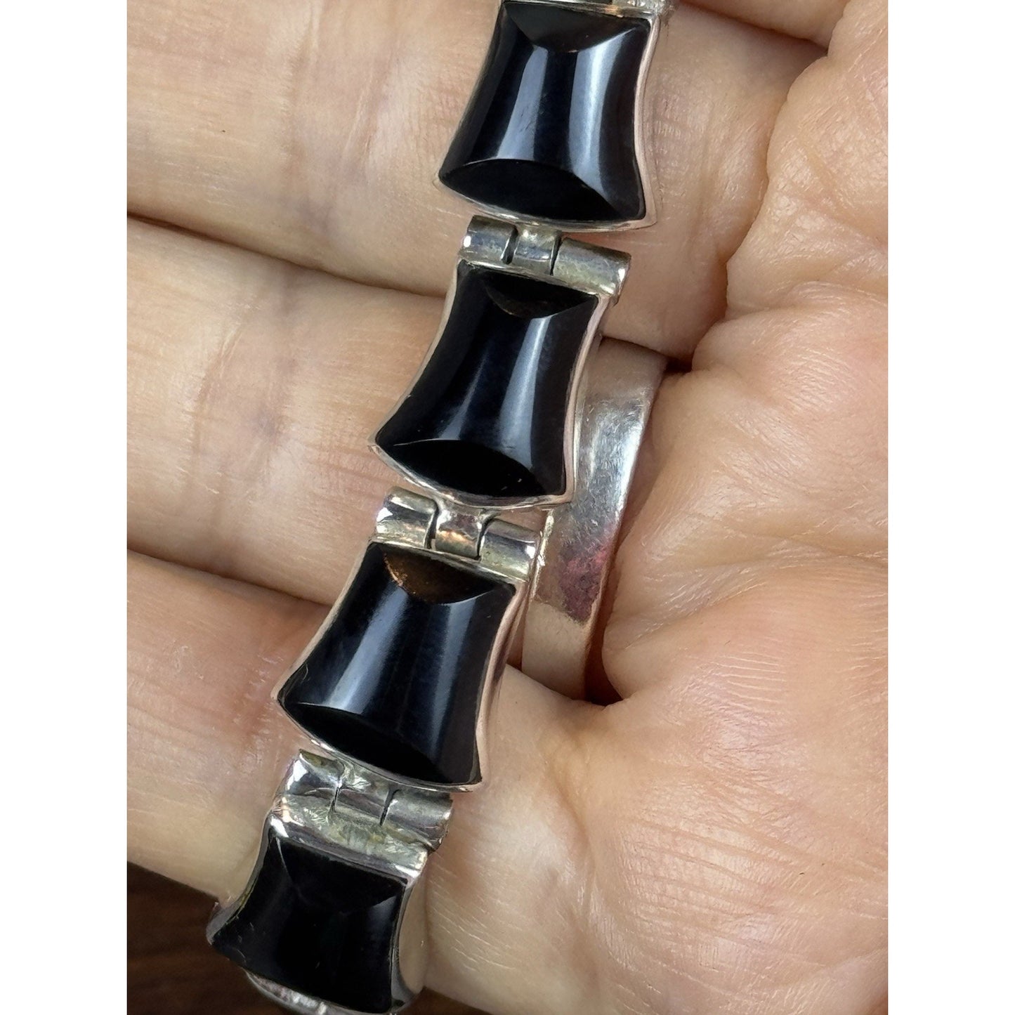 Vintage Mexico 950 Silver Bracelet Black Onyx Articulated Link 7” Modernist
