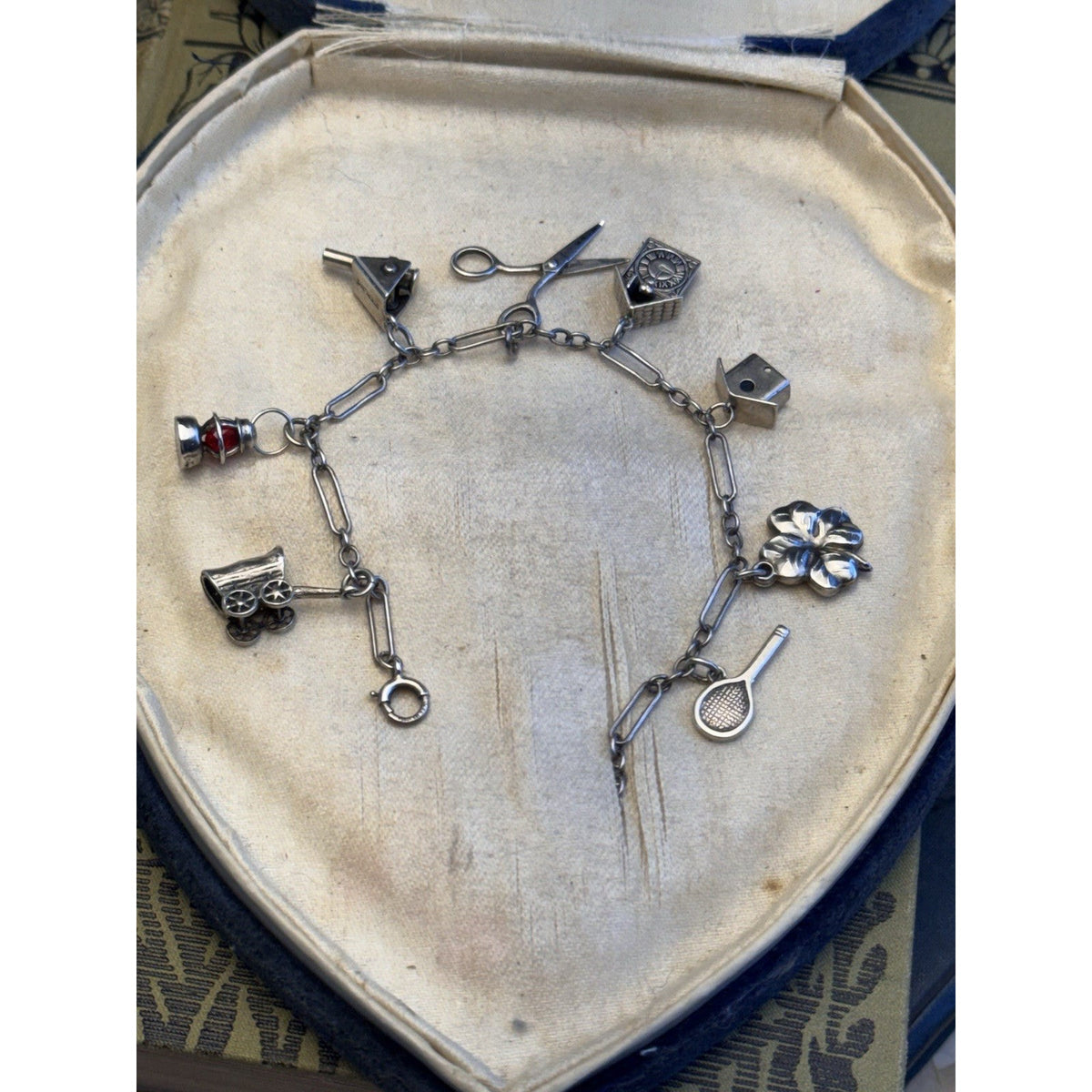 Sterling Silver Charm Bracelet 8 Charms Articulated Scissors & Cannon 6.75