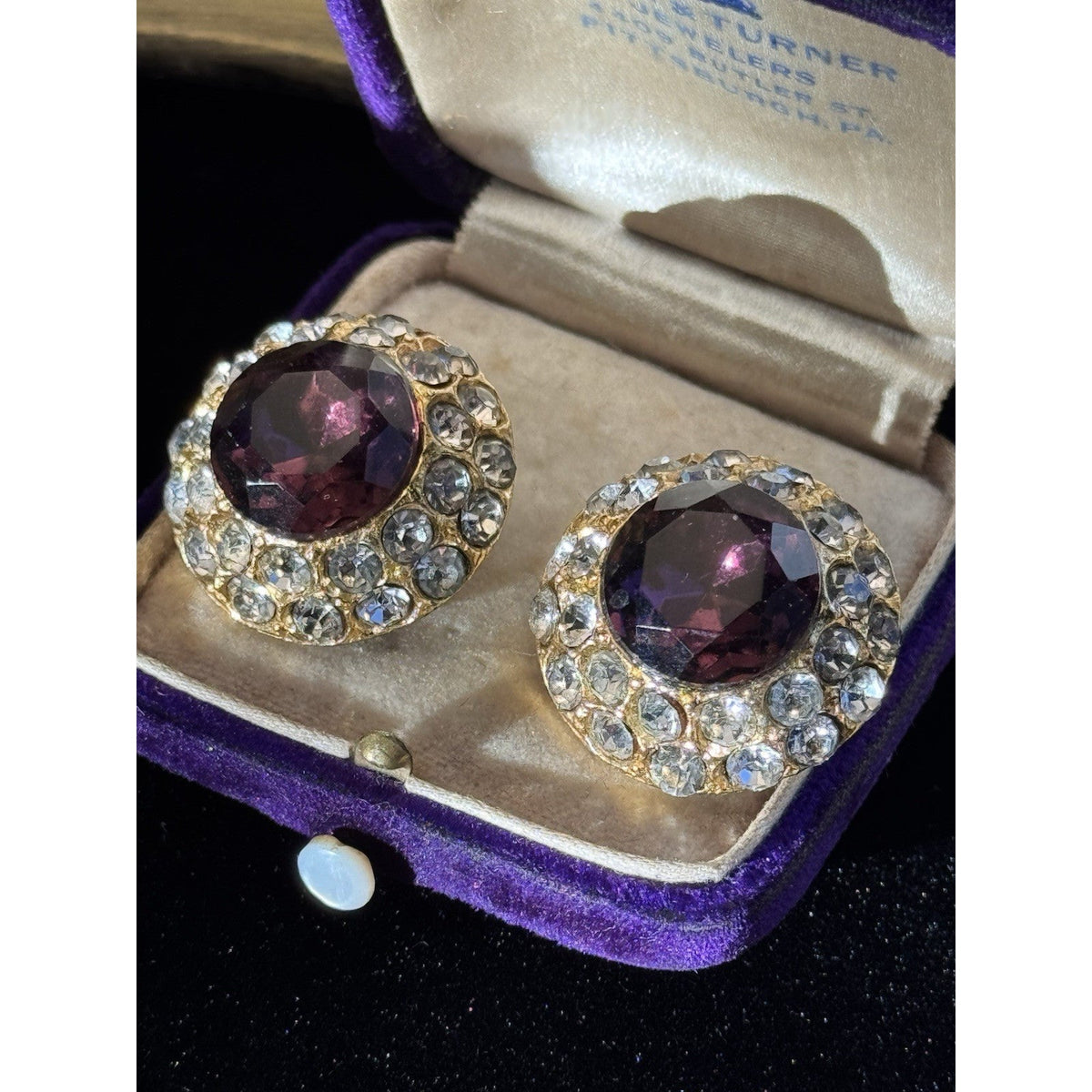 Blair Delmonico Clip On Earrings Purple Clear Rhinestone Round Vintage
