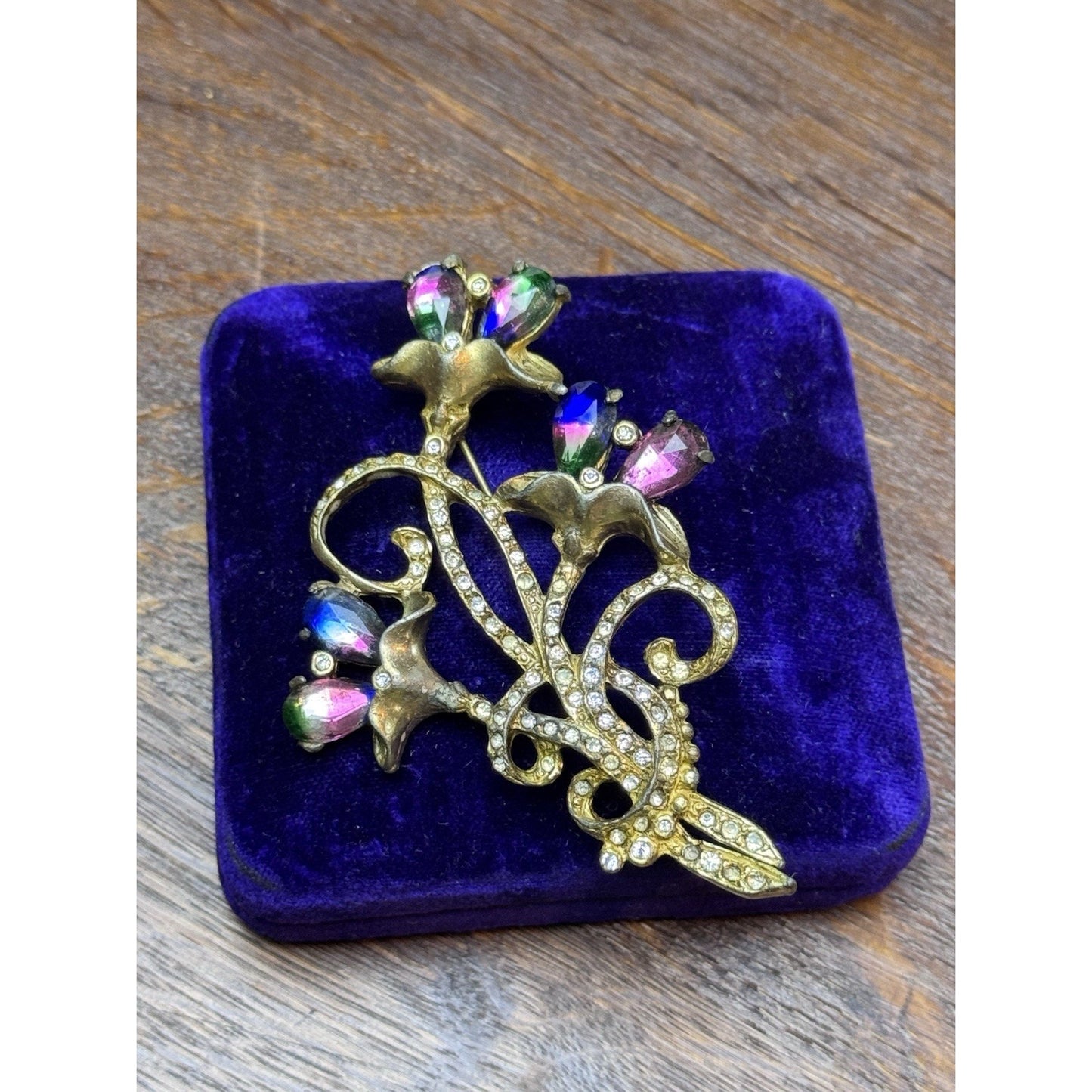 Vintage Brooch Pot Metal Floral Iris Watermelon Rhinestone Clear Paste Pin 3.75”