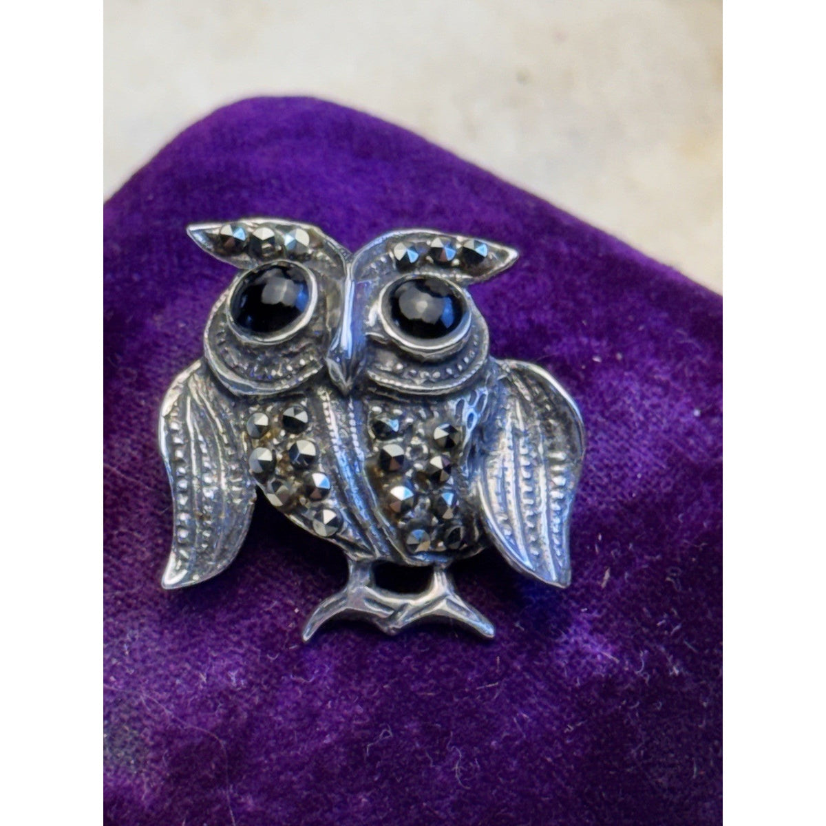 Owl Brooch Sterling Silver Marcasite Black Onyx Eyes Detailed Bird Pin 1”