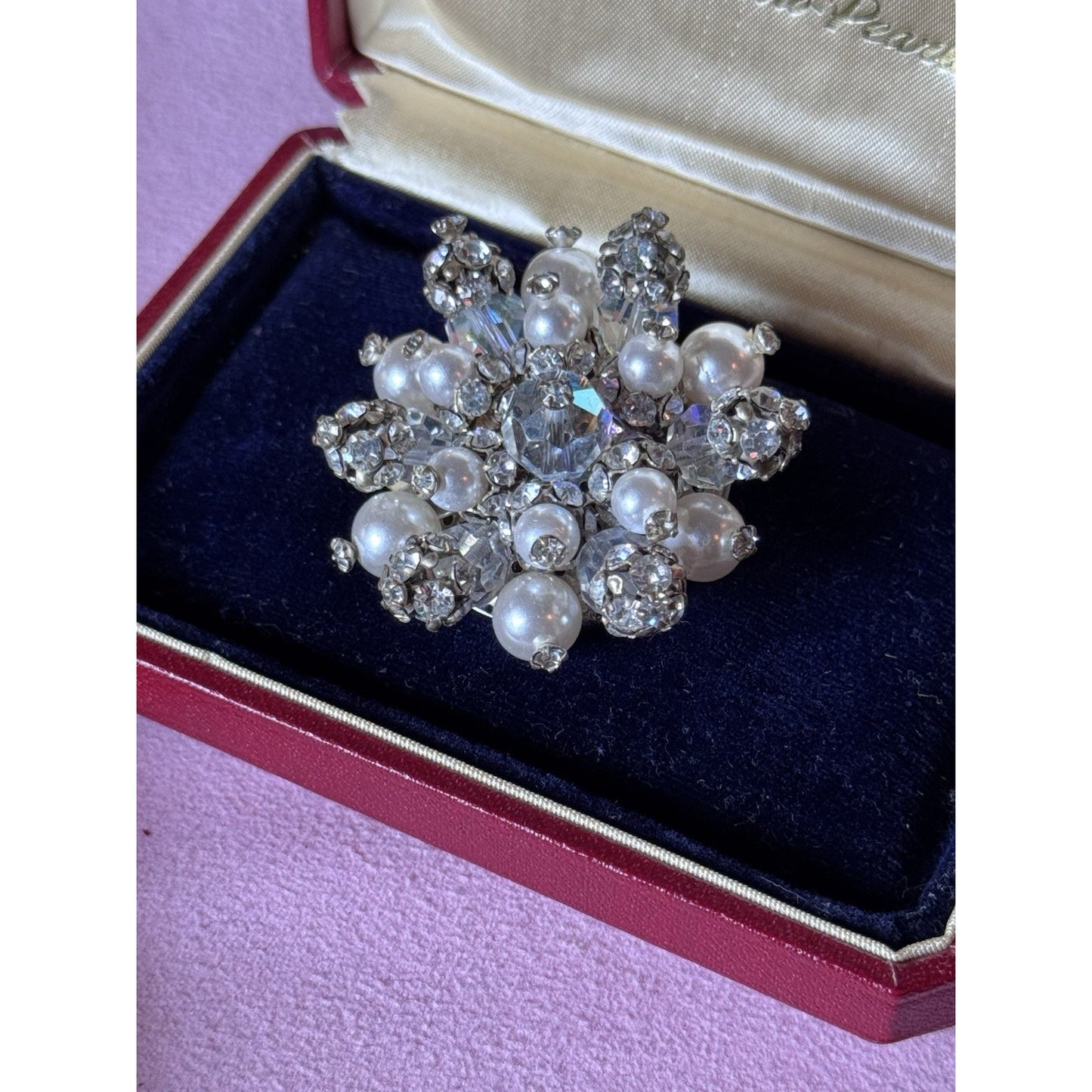 Vintage Brooch Faux Pearl Rhinestone Cluster Silvertone Crystal Bead Pin