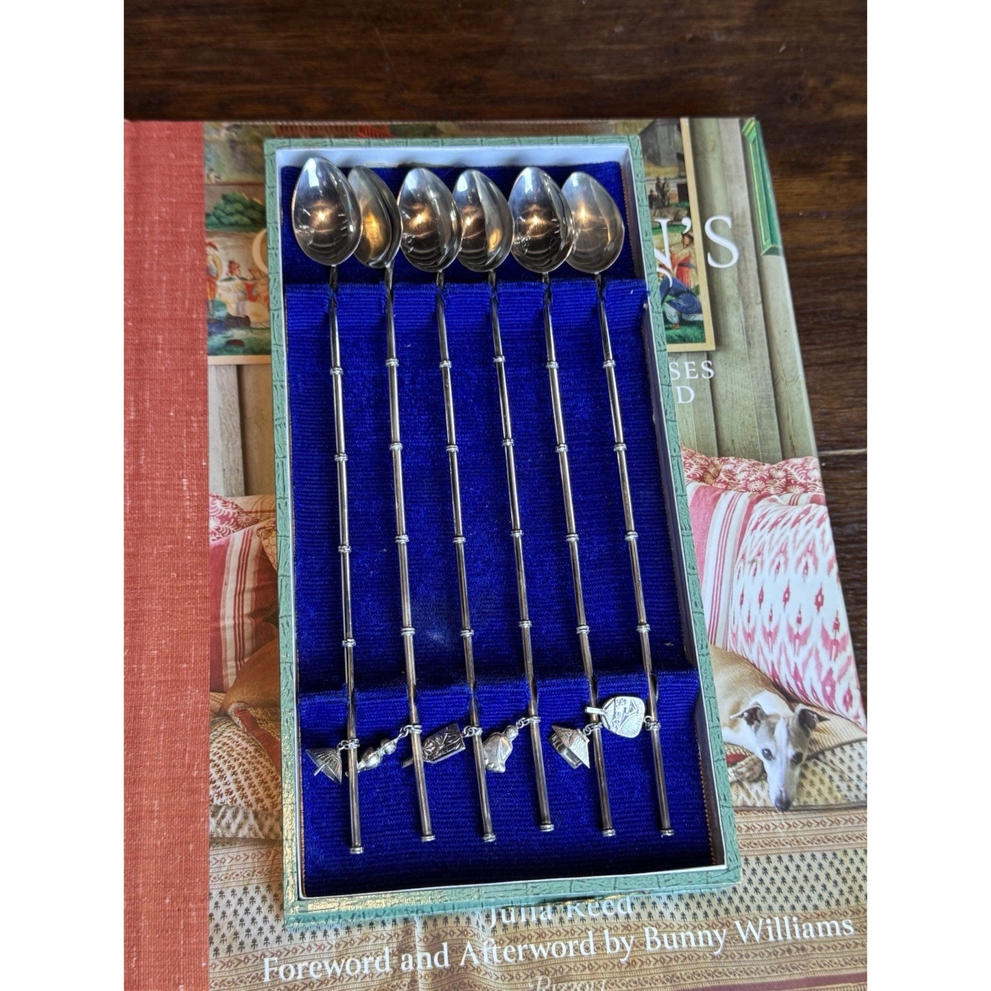 Silver Cocktail Straw Spoons 950 Sterling Bamboo Handle Asian Charms Set VINTAGE