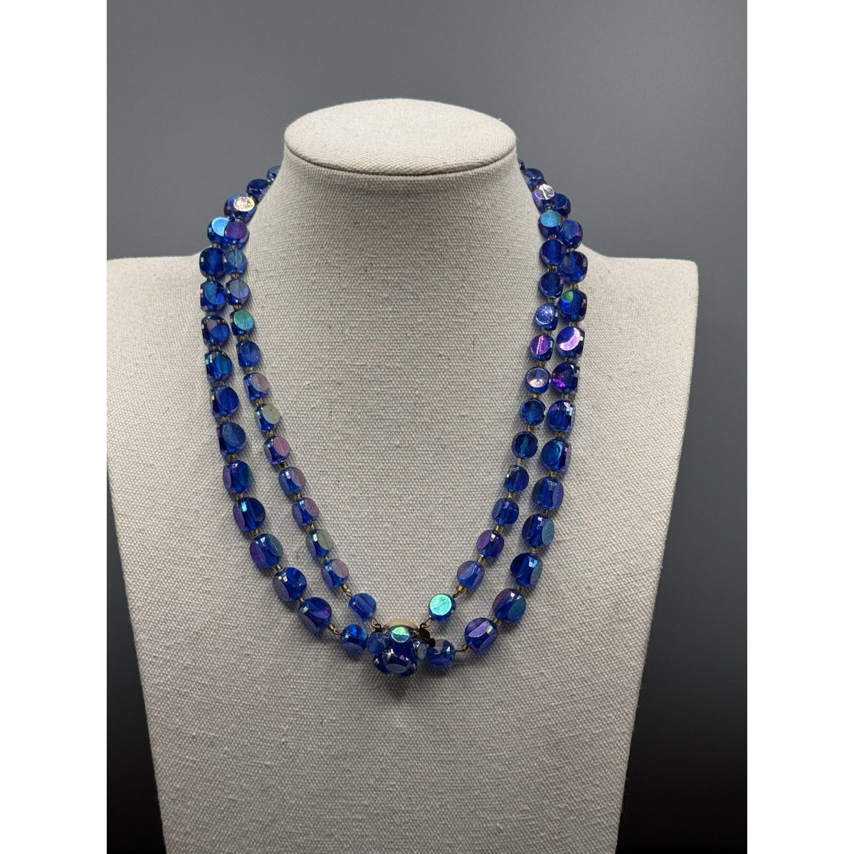 Vintage Blue Lucite AB Bead Necklace Double Strand Faceted Beads 19.5”